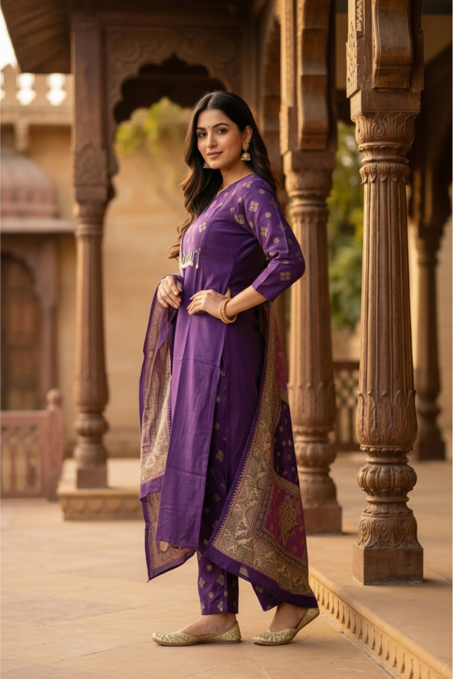 Purple Royale Straight-Cut Embroidered Three Piece Suit Set