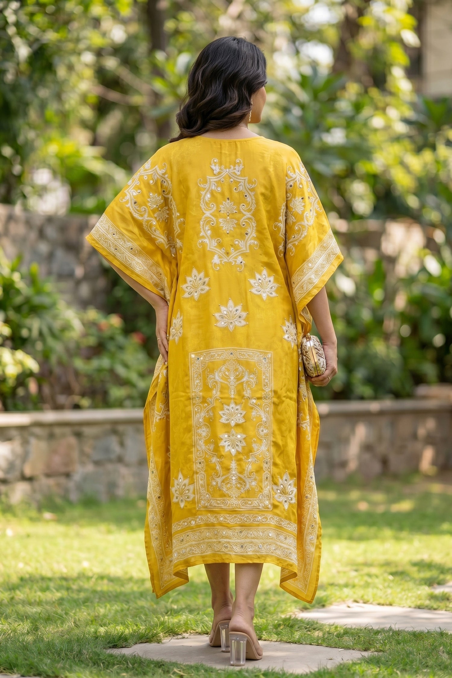 Long Yellow Chinon Silk Kaftan with Digital Print
