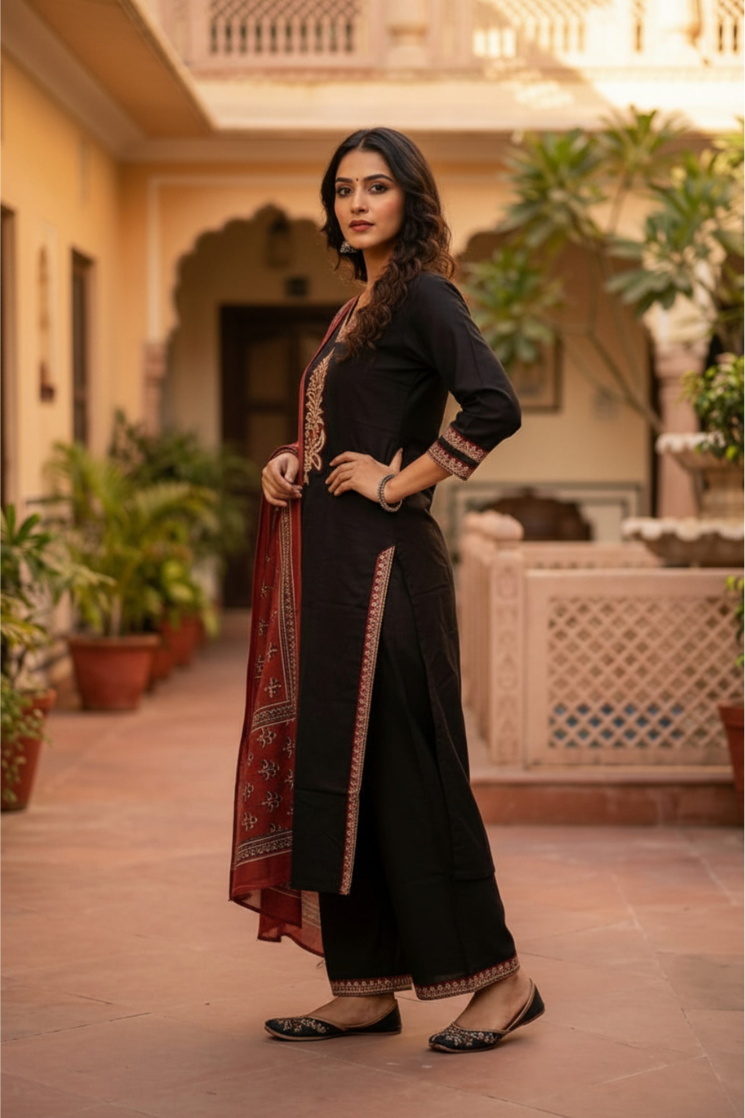 Black Straight-Cut Suit Set with Printed Dupatta