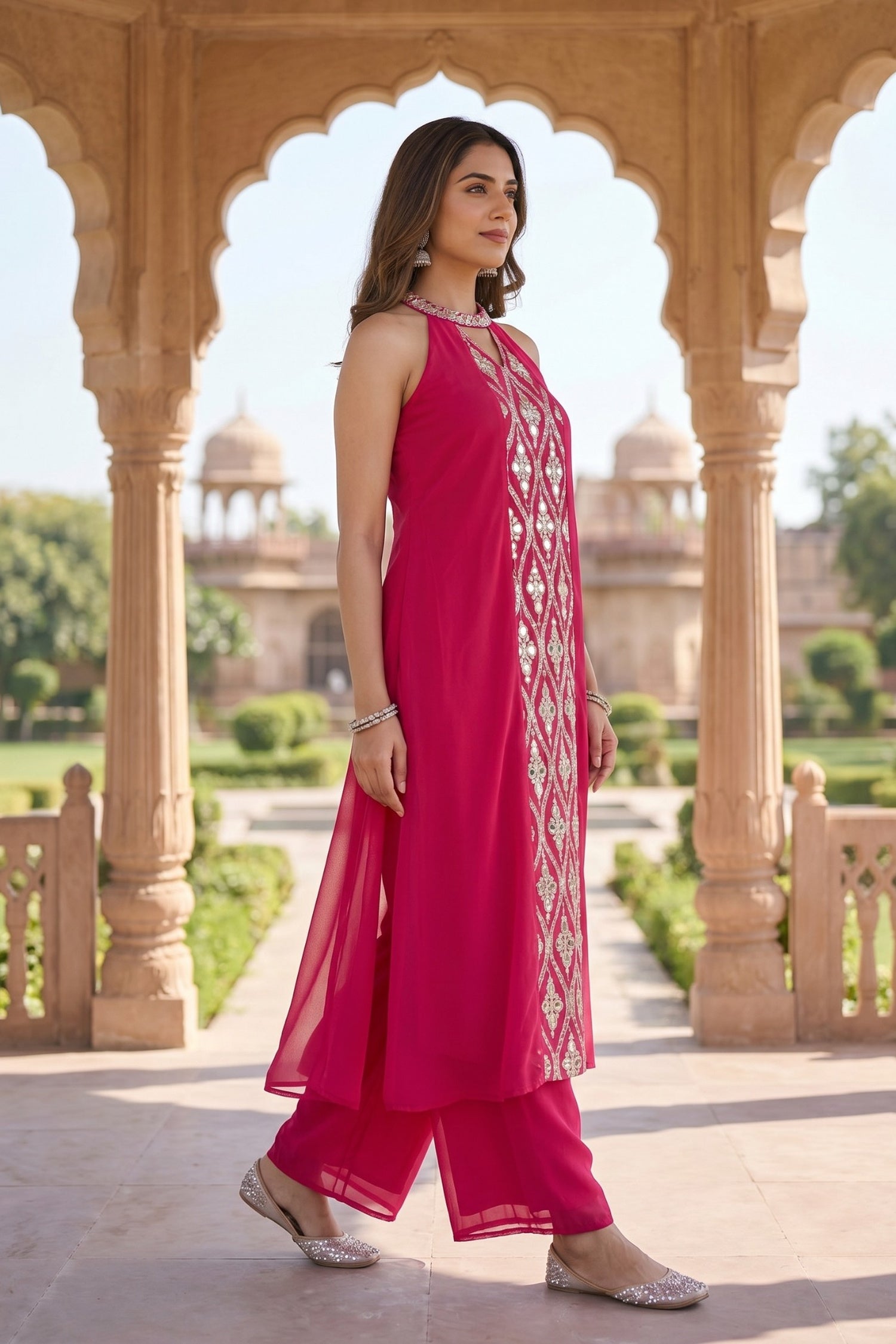 Festive Elegance Magenta Pink Halter Neck Cord Set