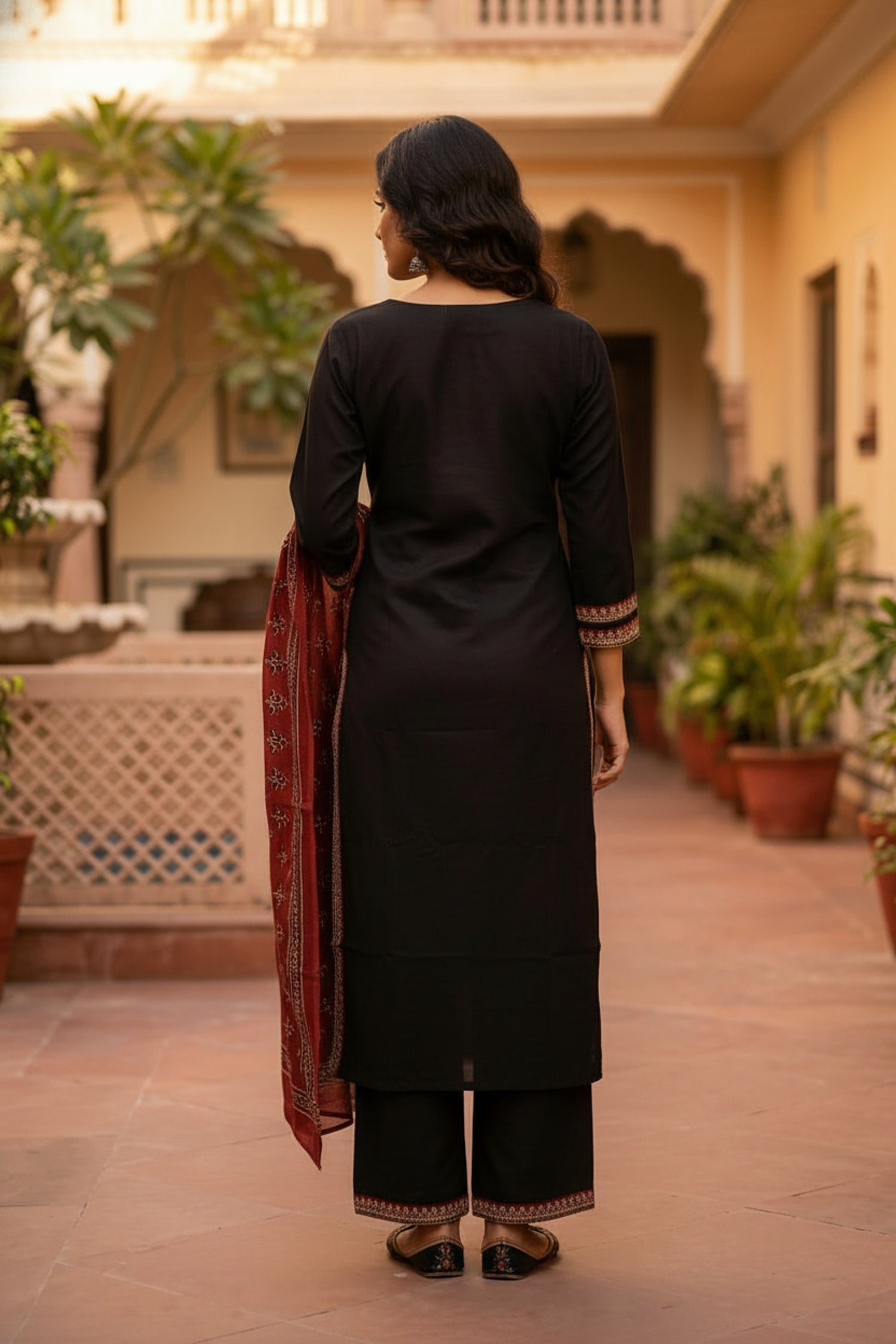 Black Straight-Cut Suit Set with Printed Dupatta