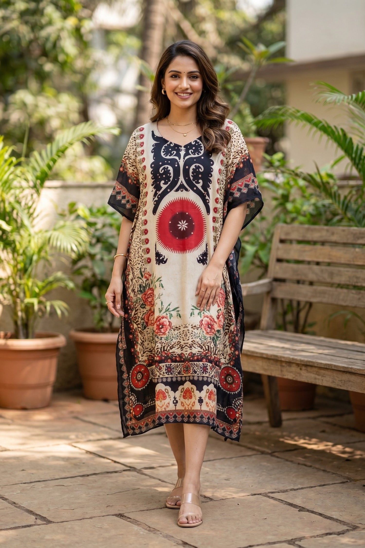 Ethnic Floral Print Long Kaftan Dress