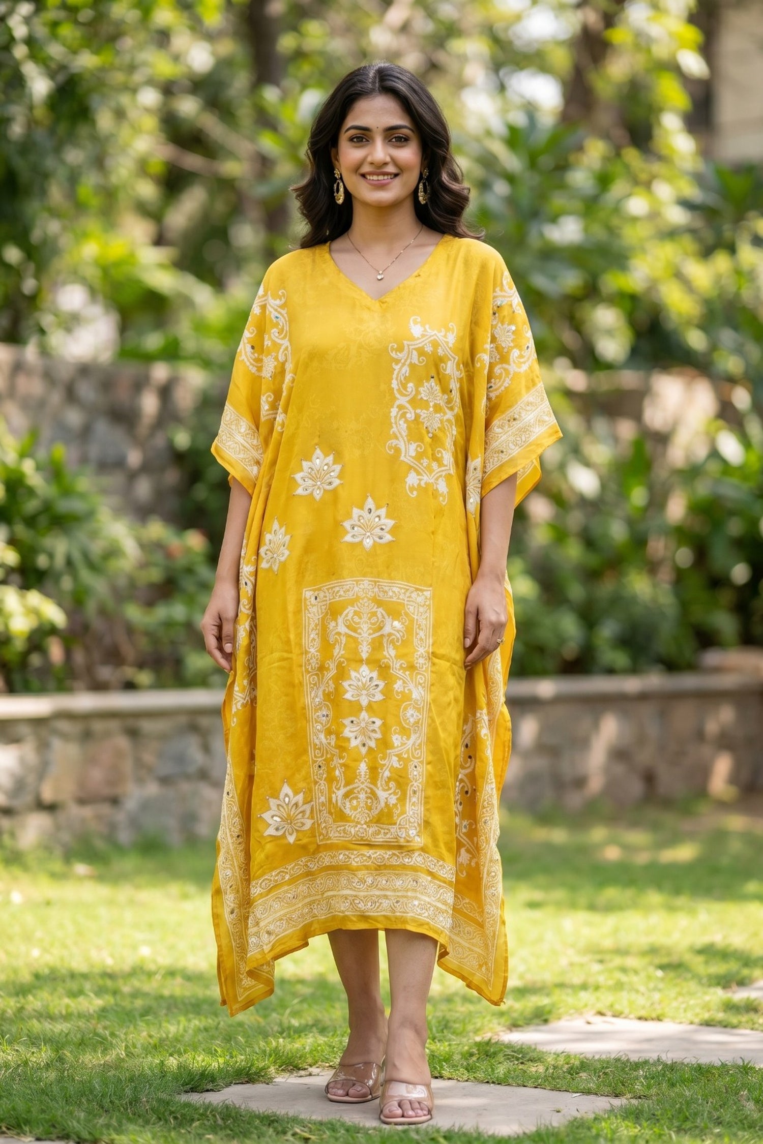 Long Yellow Chinon Silk Kaftan with Digital Print