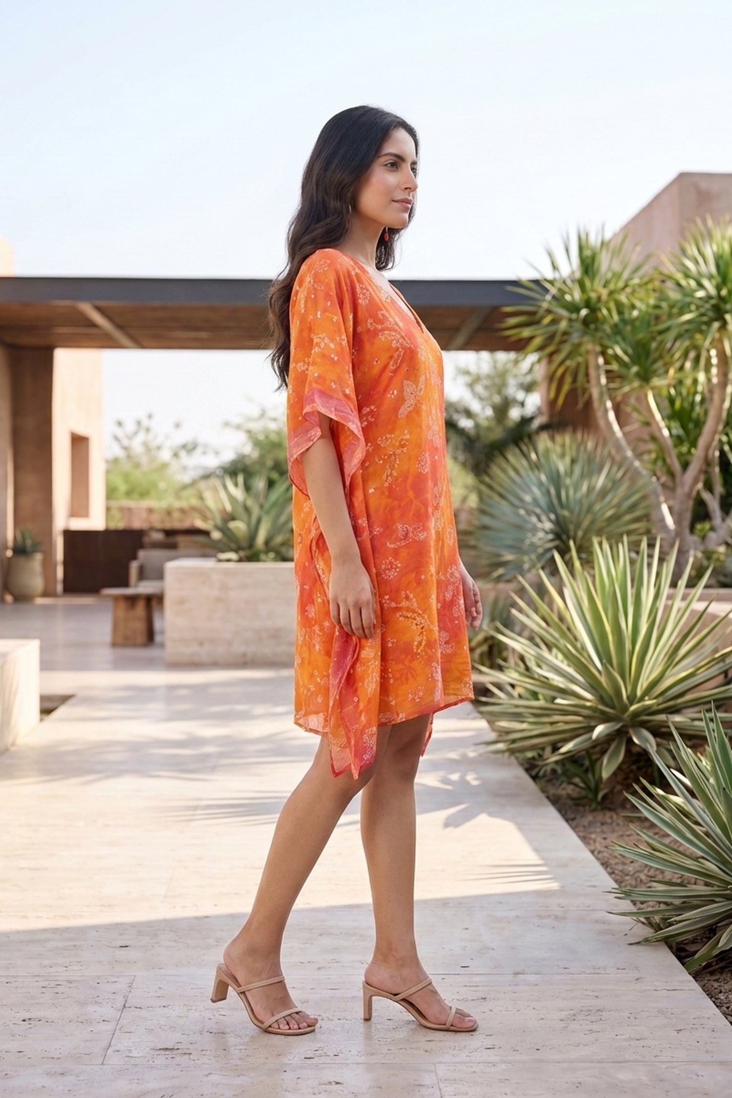 Orange Printed V-Neck Short Kaftan Dress