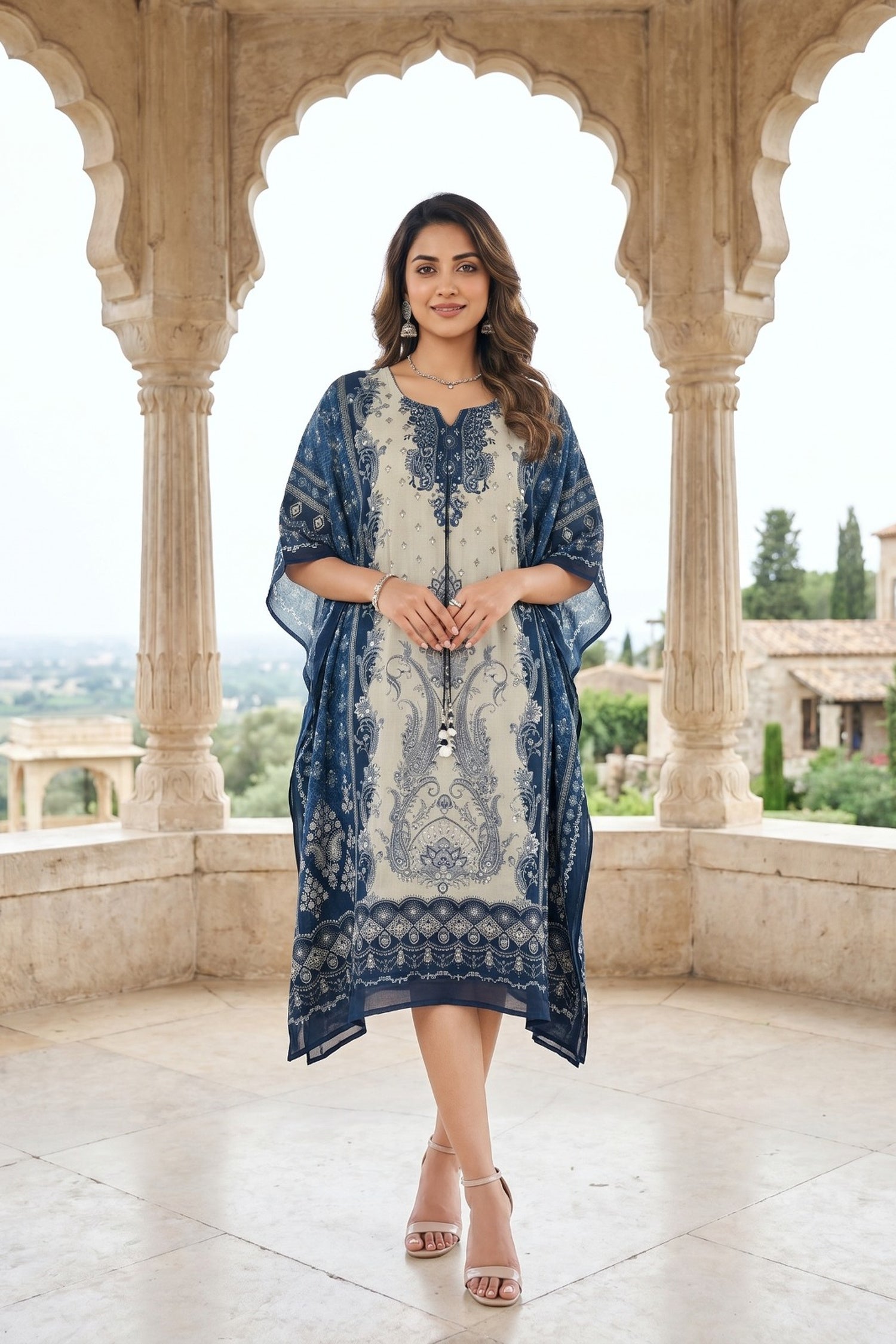 Midnight Blue Chinon Silk Long Kaftan Dress