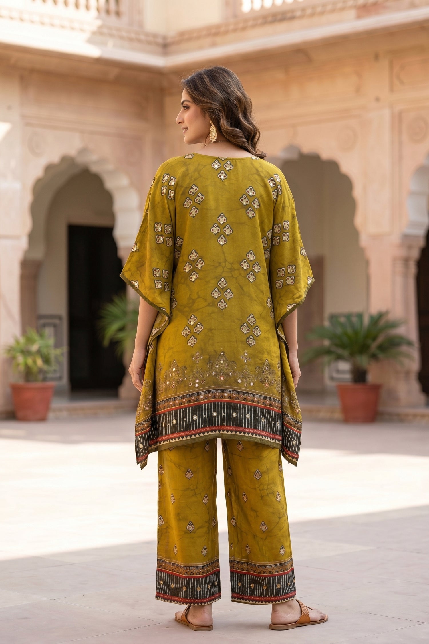 Rich Yellow Kaftan Cord Set in Chinon Silk