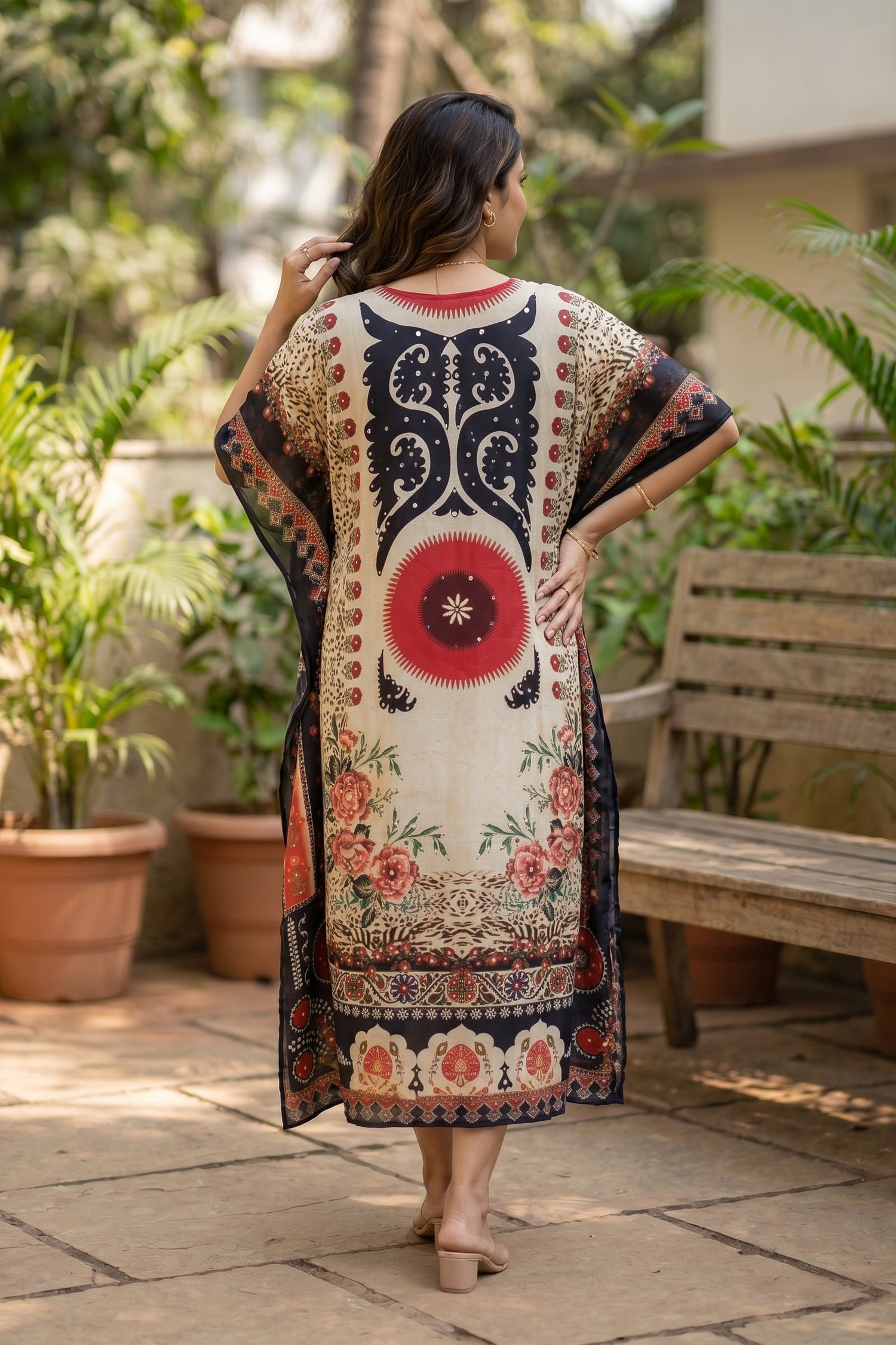 Ethnic Floral Print Long Kaftan Dress