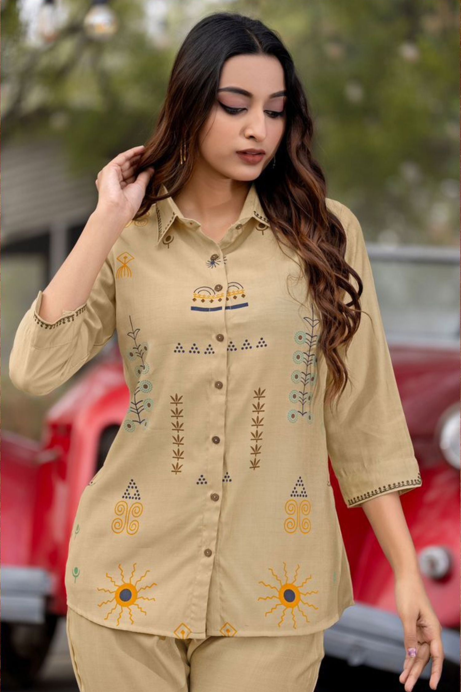 Chic Cream Cord Set with Shirt-Style Short Top and Subtle Design