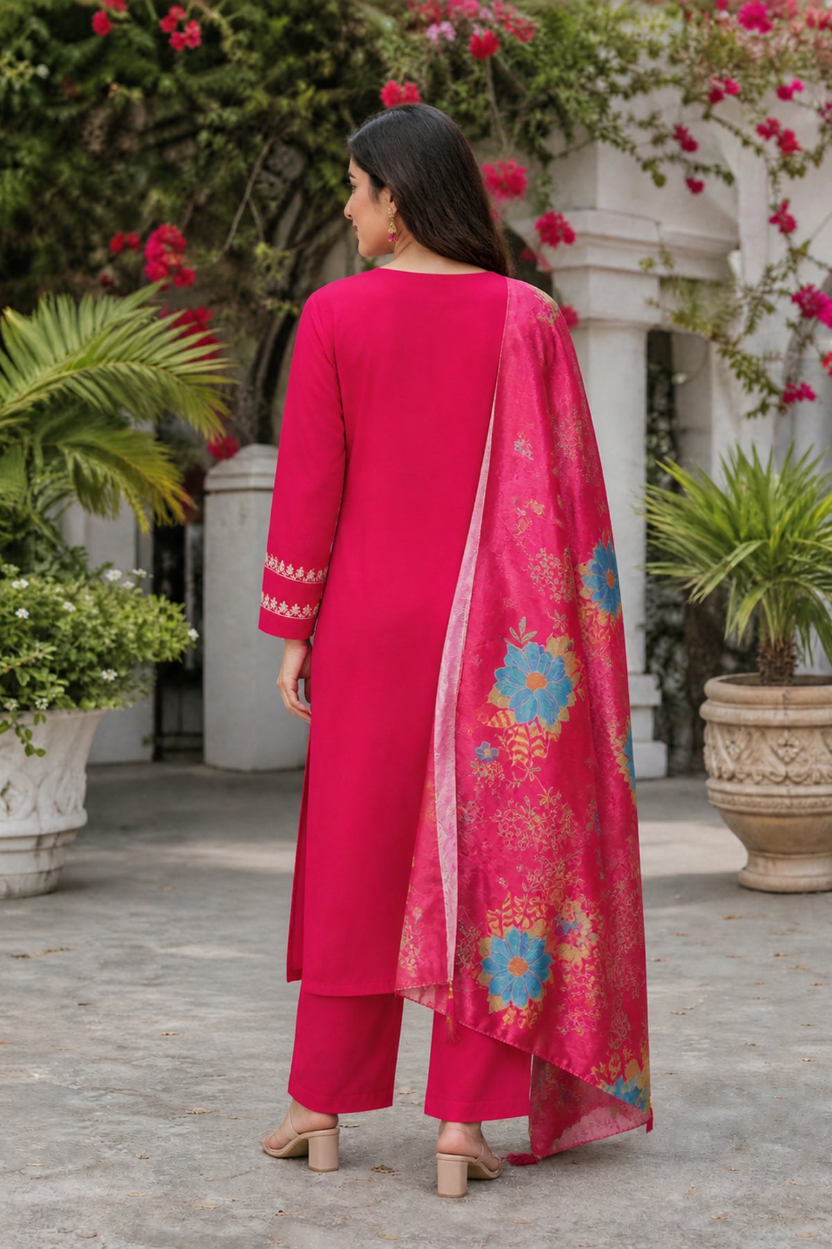 Pink Floral Embroidered Straight Kurta Pant Set