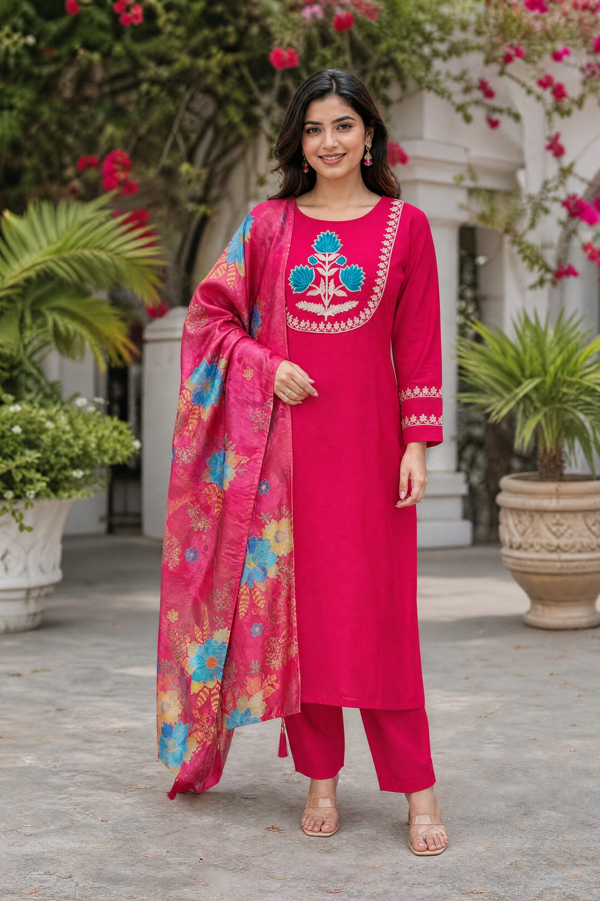Pink Floral Embroidered Straight Kurta Pant Set