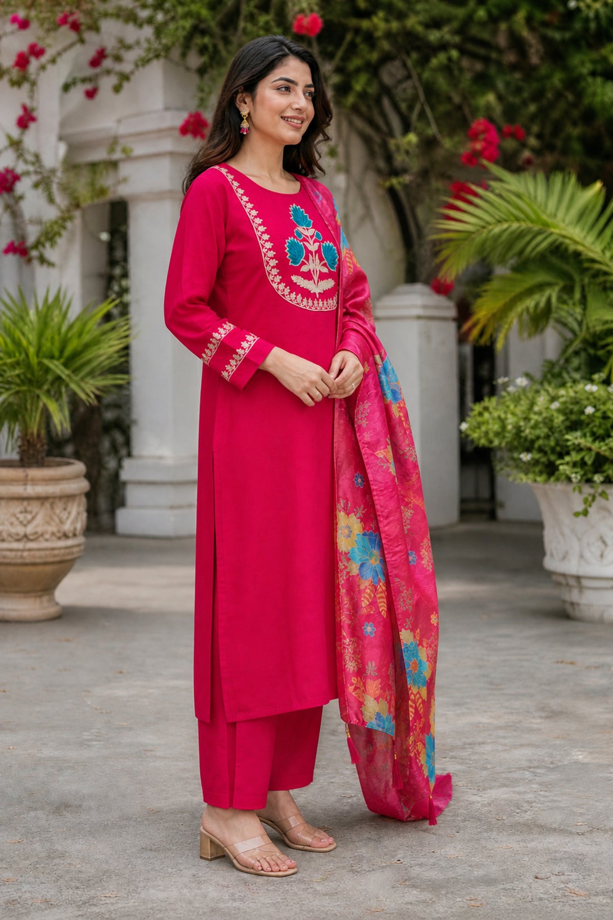 Pink Floral Embroidered Straight Kurta Pant Set