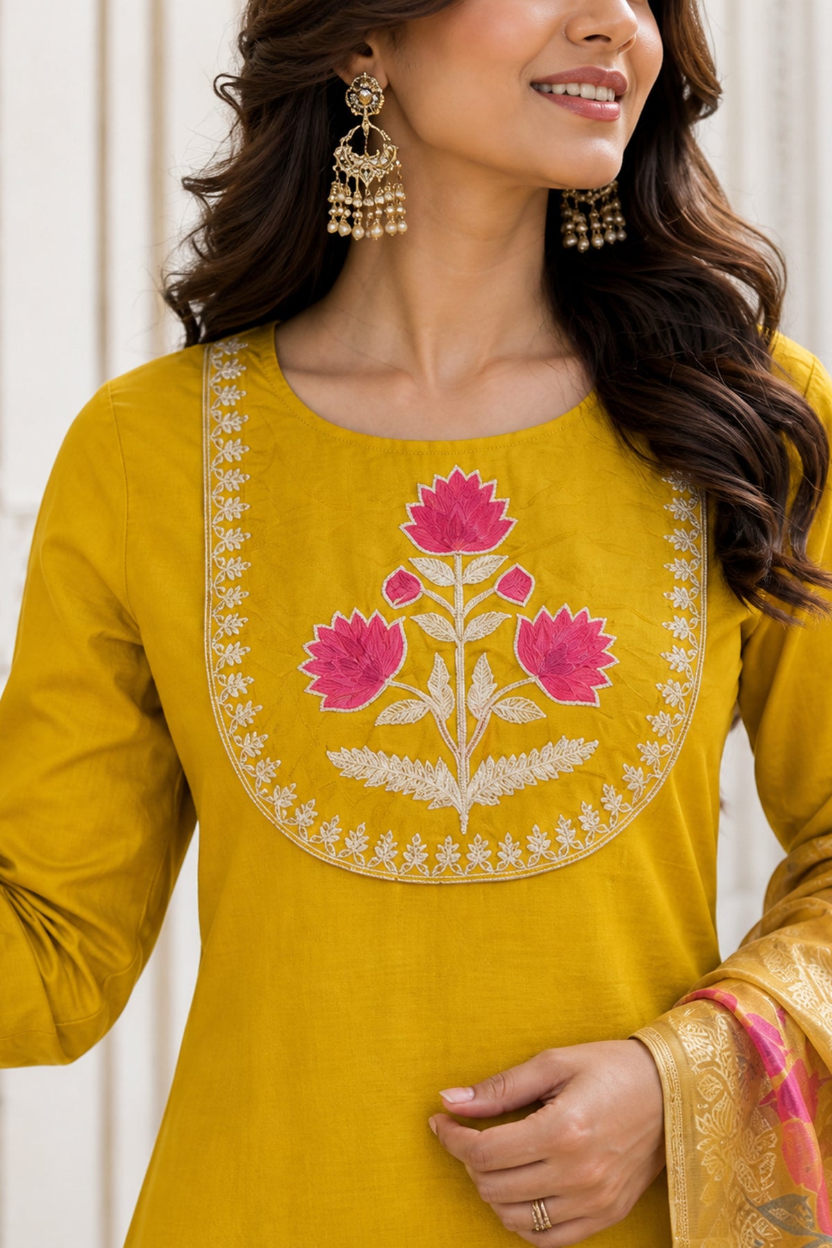 Yellow Floral Embroidered Straight Kurta Pant Set