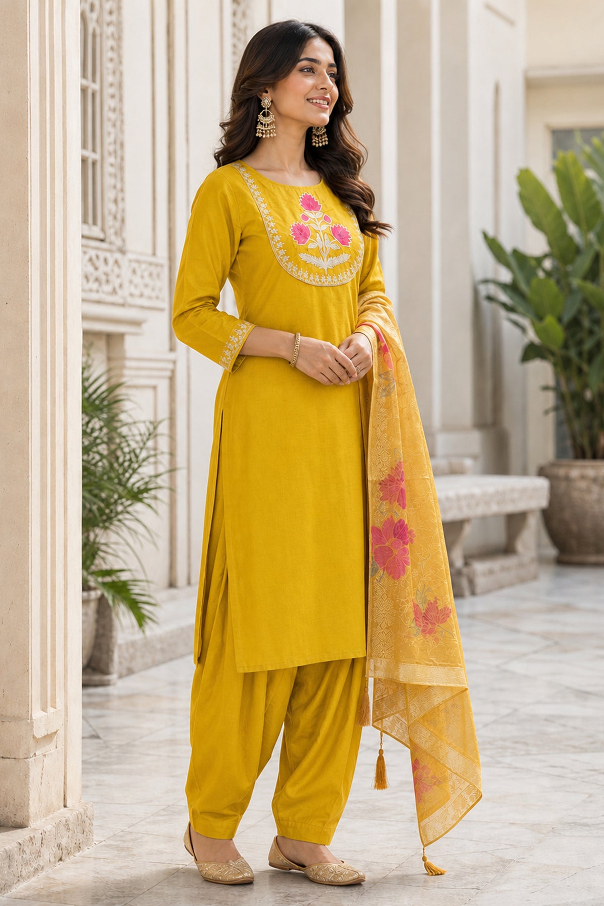 Yellow Floral Embroidered Straight Kurta Pant Set