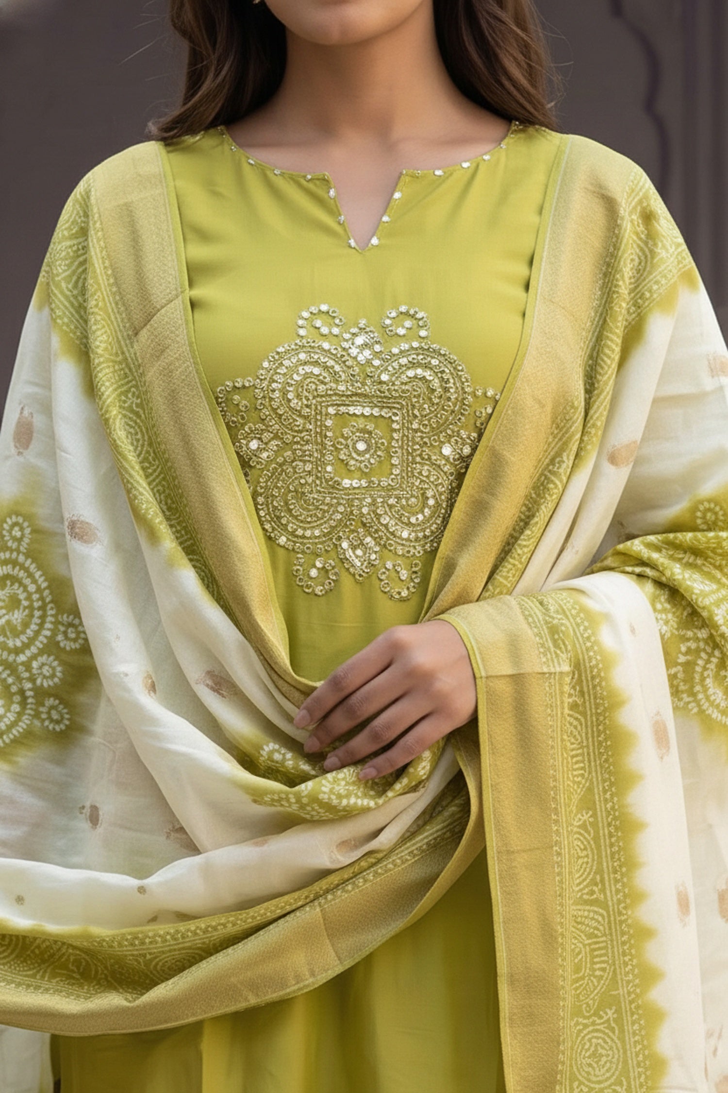 Green Straight-Cut Three Piece Suit with Embroidered Kurta Patch & Work Dupatta