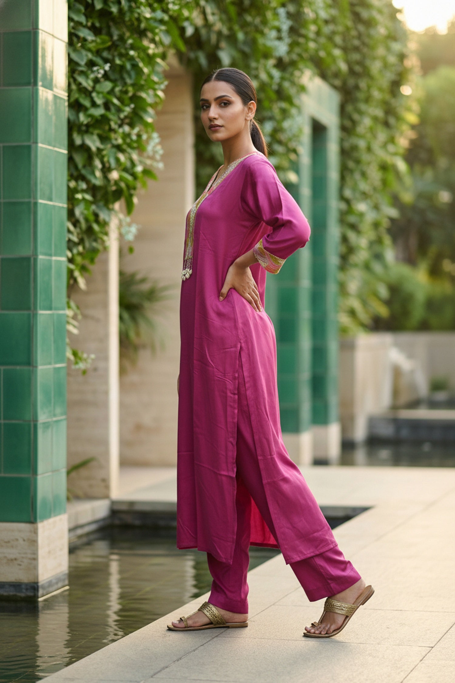 Pink Printed Cotton Co-ord Set with Embroidery