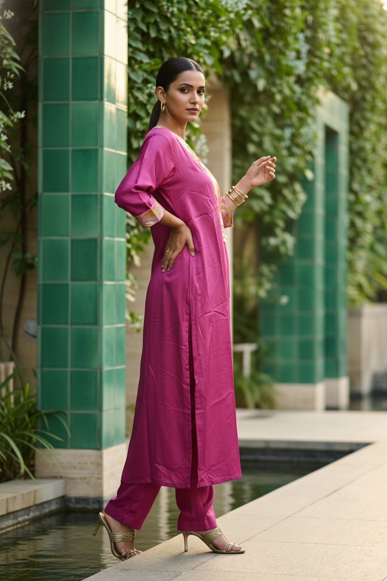 Pink Printed Cotton Co-ord Set with Embroidery