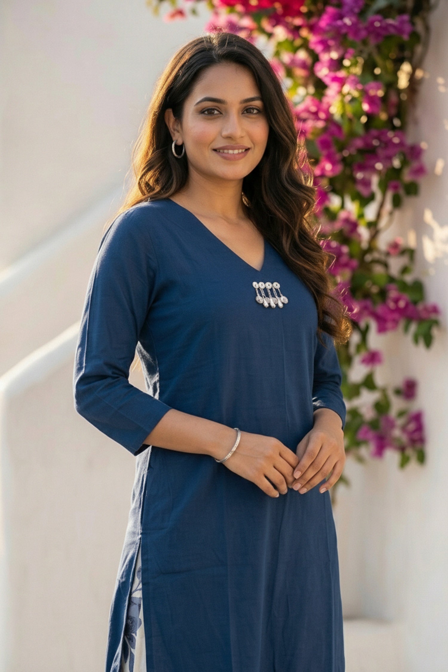 Blue Elegance Cotton Cord Set with Printed Pants