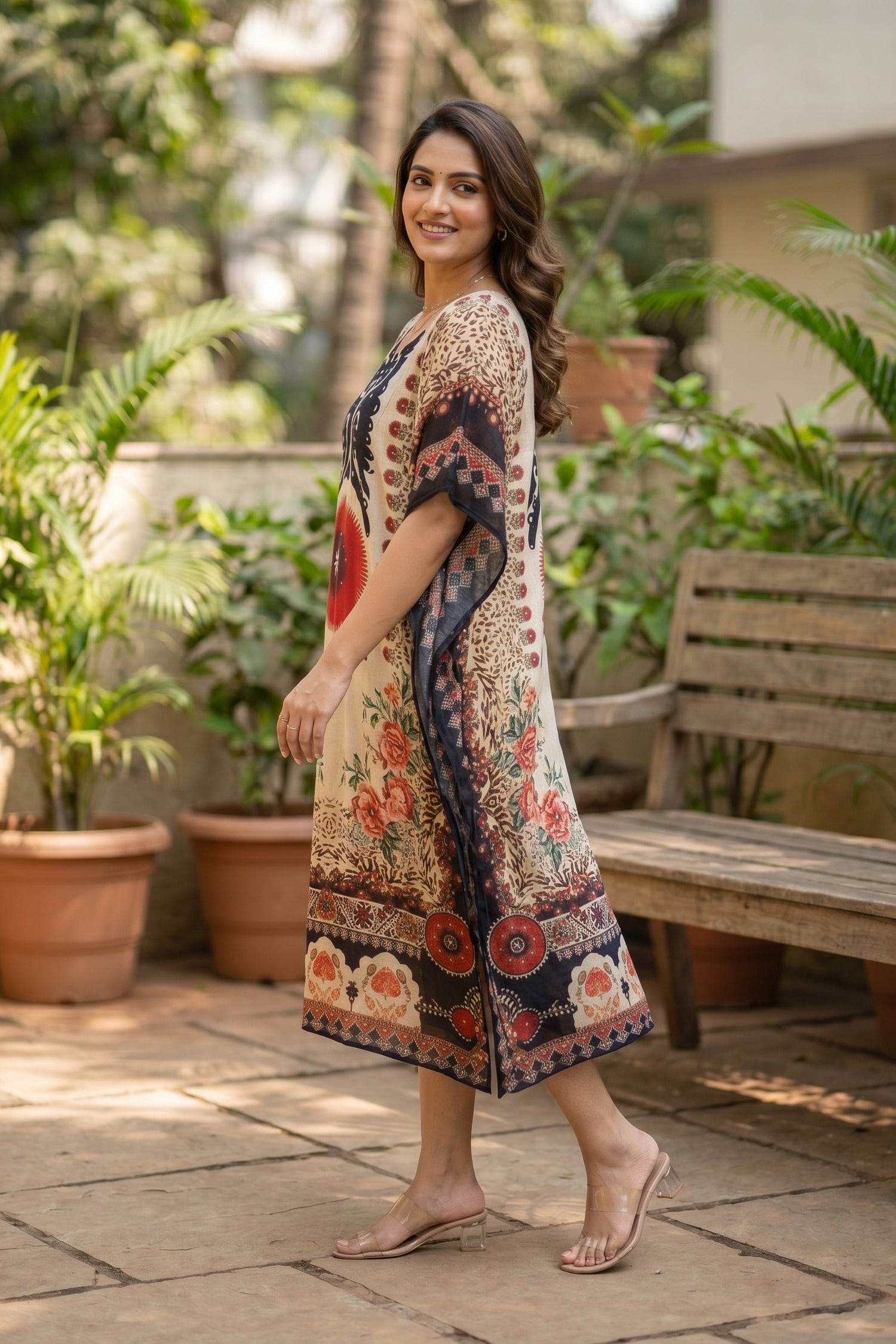 Ethnic Floral Print Long Kaftan Dress