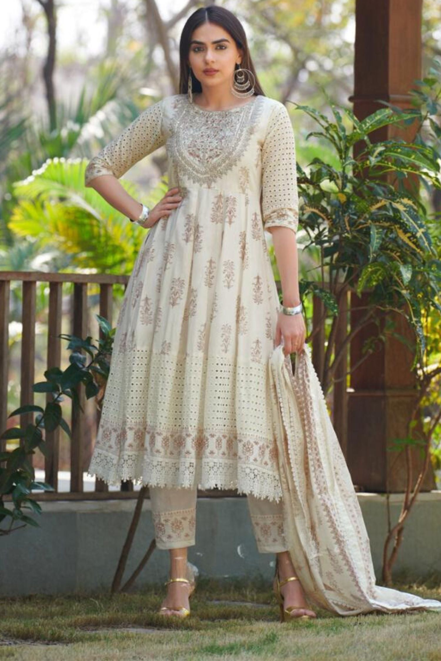 PURE COTTON FLORAL PRINTED PANELLED THREAD WORK ANARKALI TRIO SET- WOODY BROWN
