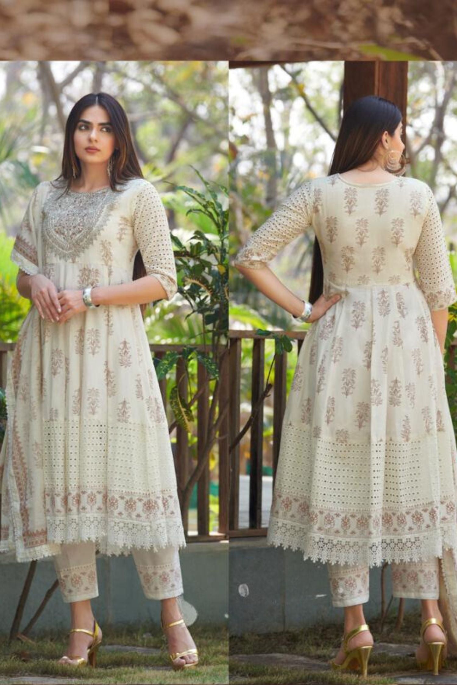 PURE COTTON FLORAL PRINTED PANELLED THREAD WORK ANARKALI TRIO SET- WOODY BROWN