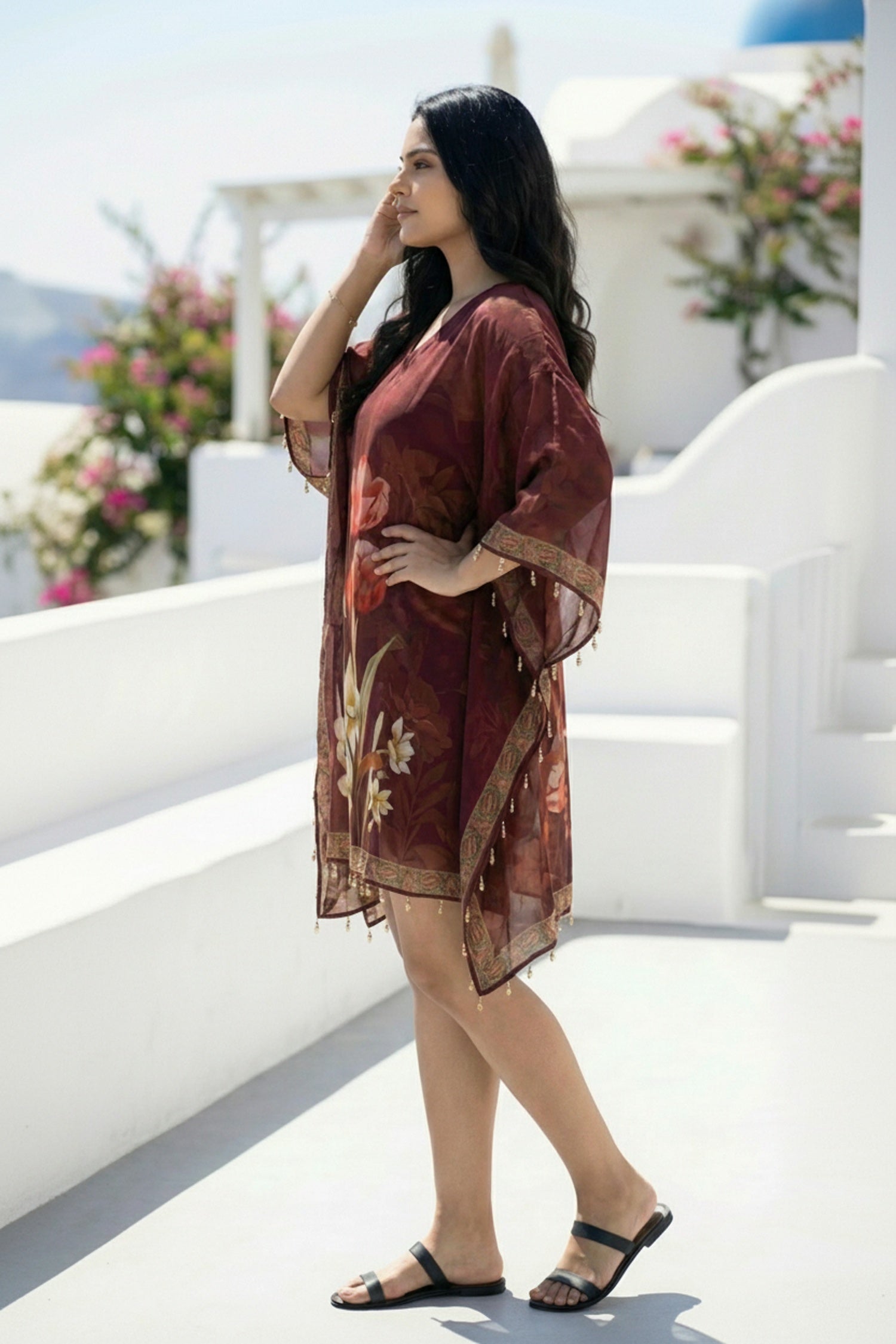 Maroon Floral Charm Short Kaftan