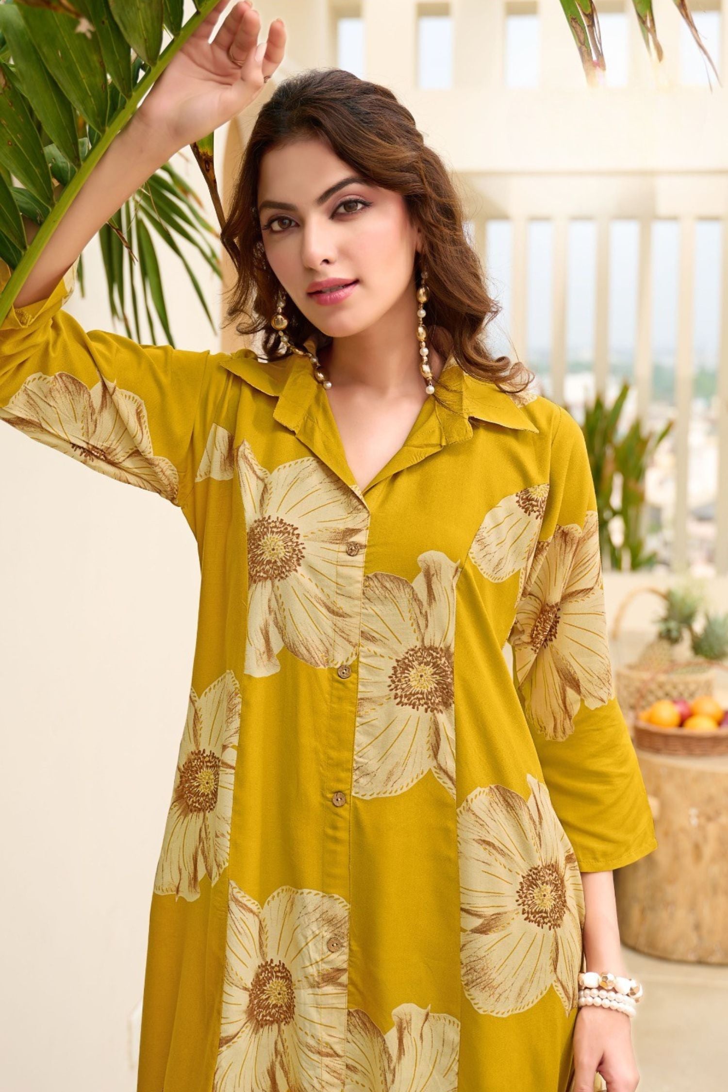 Yellow Grace A Line Cord Set Rayon Foil Print