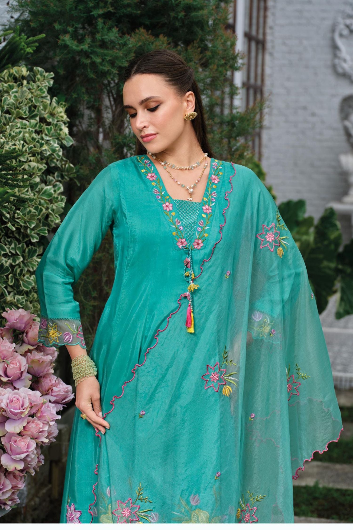Floral Hand Embroidery Pure Mul Chanderi Three Piece Set