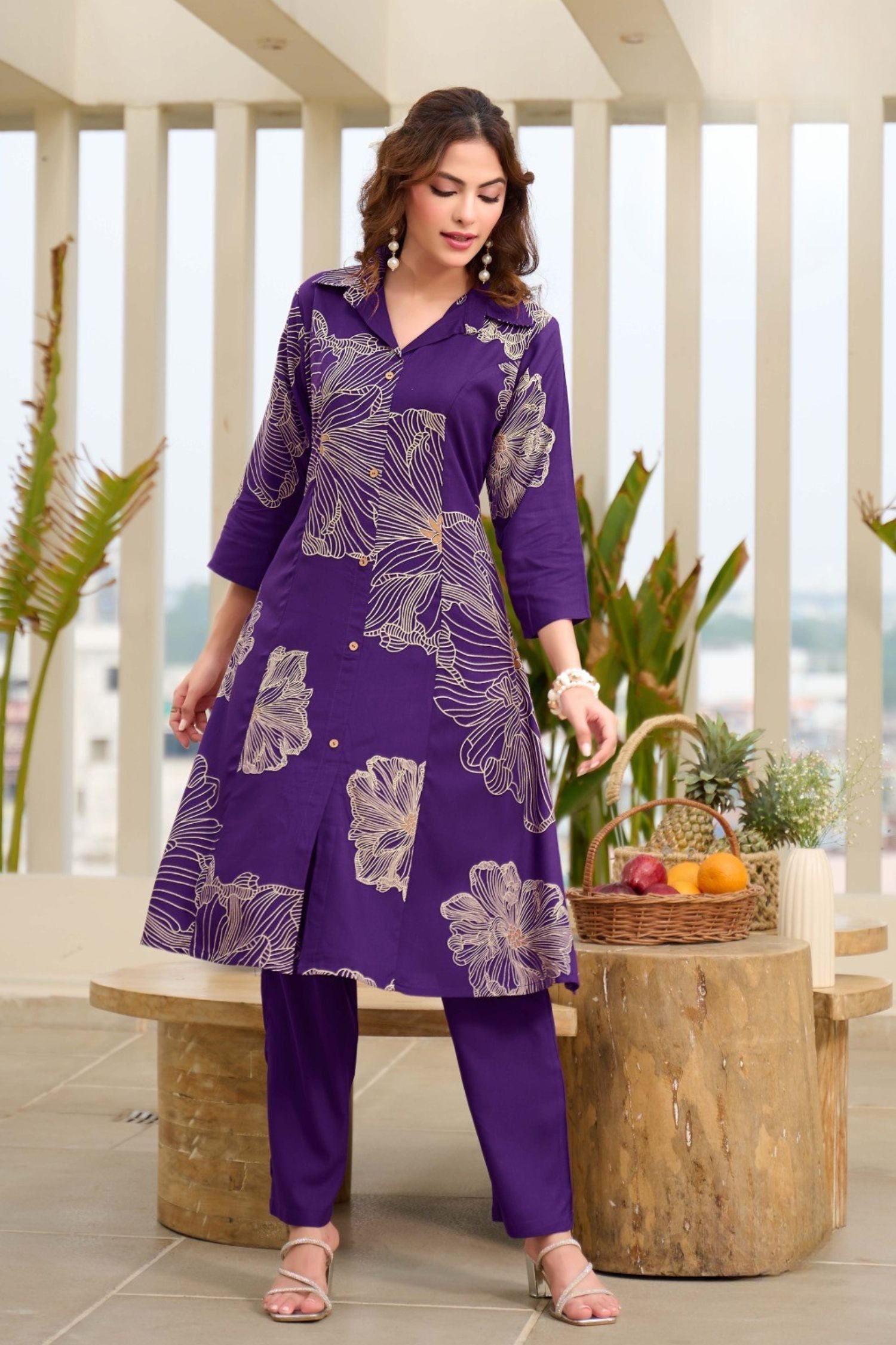 Purple Floral Foil Print Cord Set