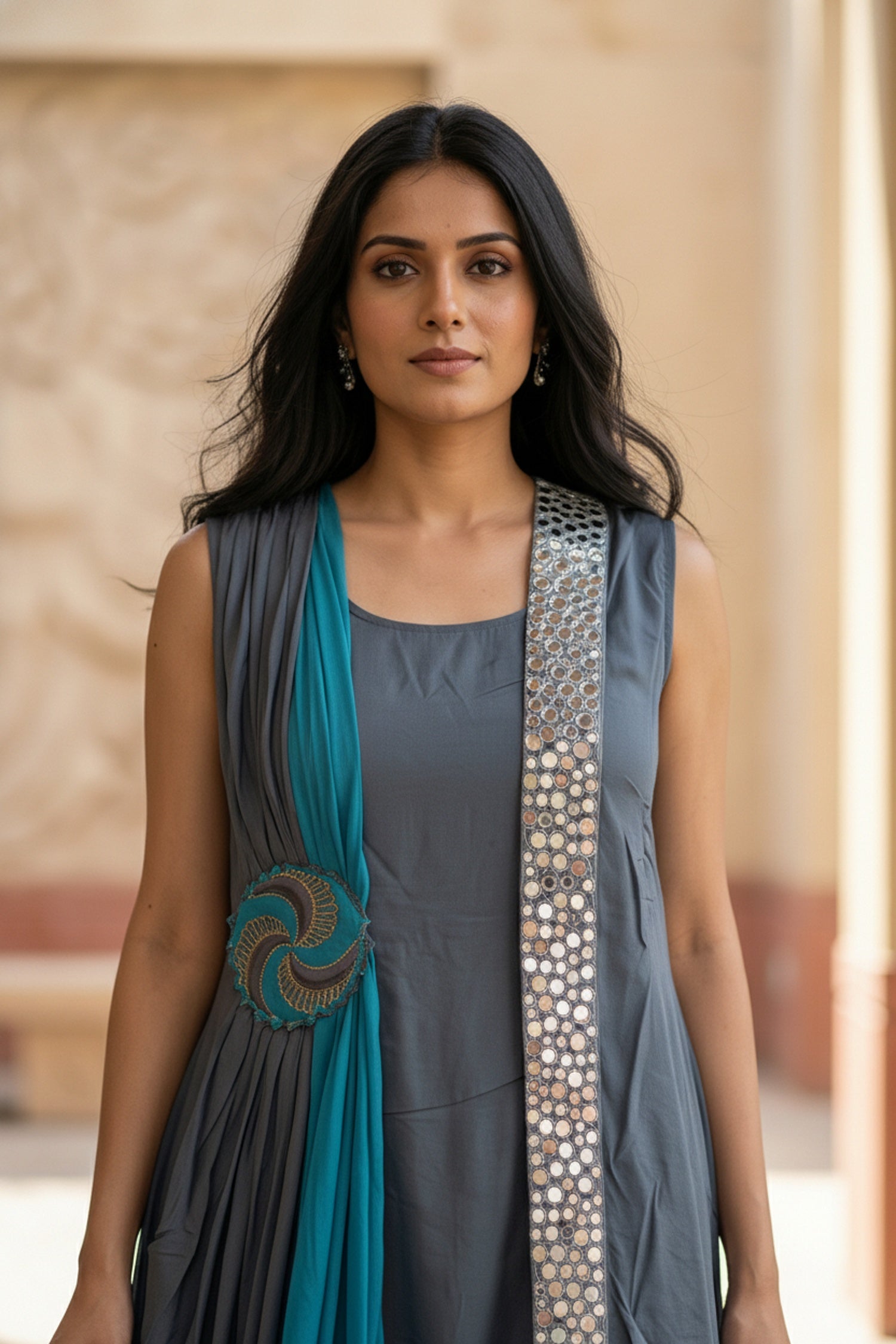 Blue Dress for Women with Embroidery & Layered Design