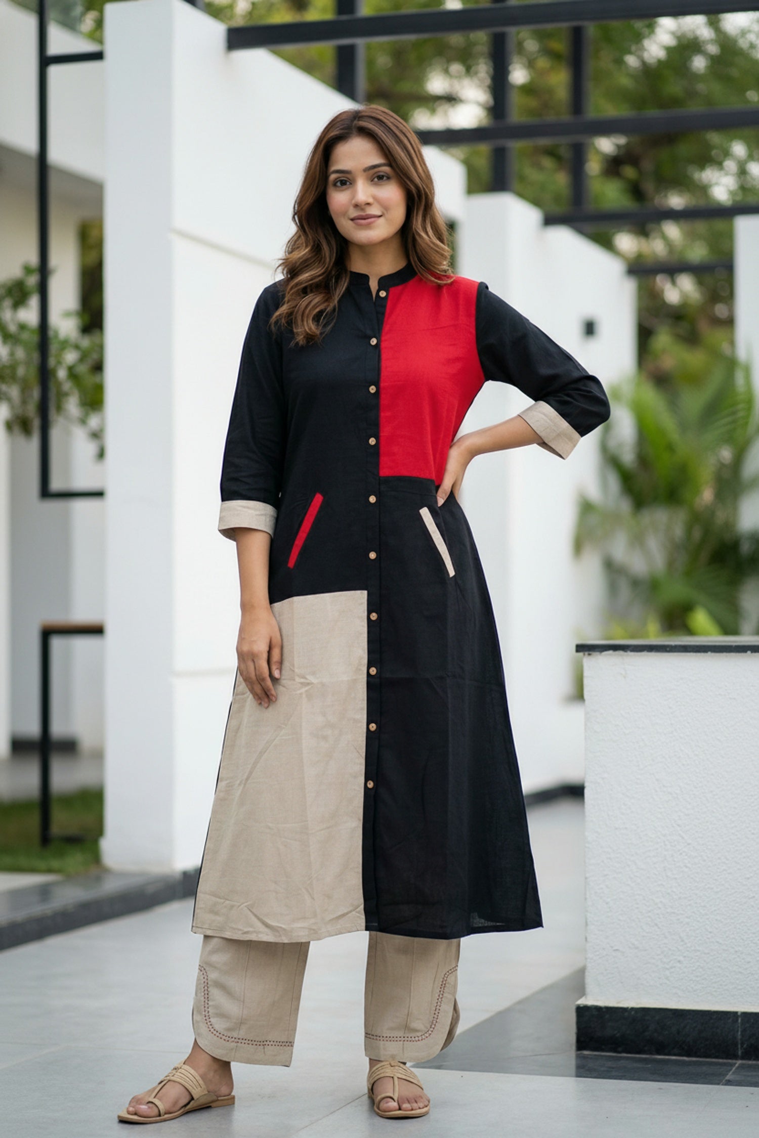 Multi Patterned Red & Black Cotton Cord Set