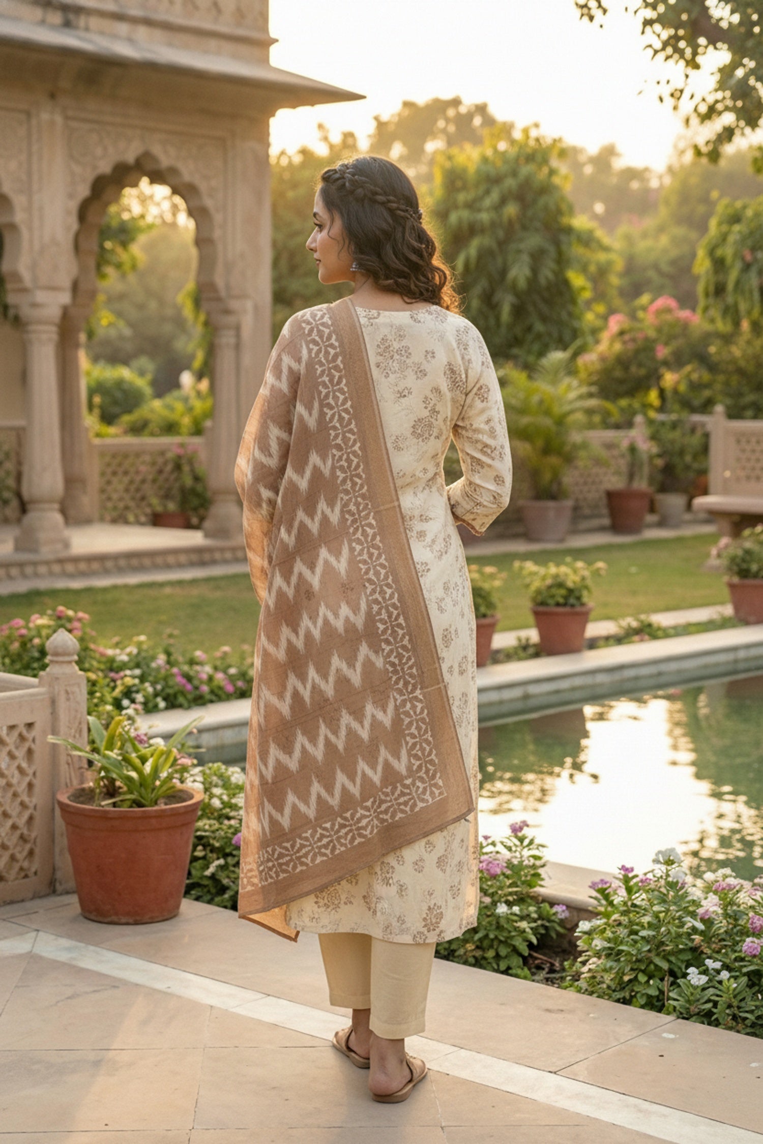 Off-White Elegance Kurta Set with Brown Dupatta