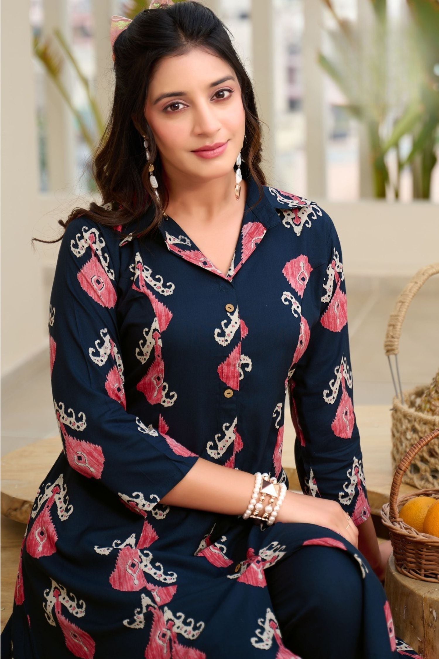 Stylish Navy Blue Rayon Cord Set with Foil Print