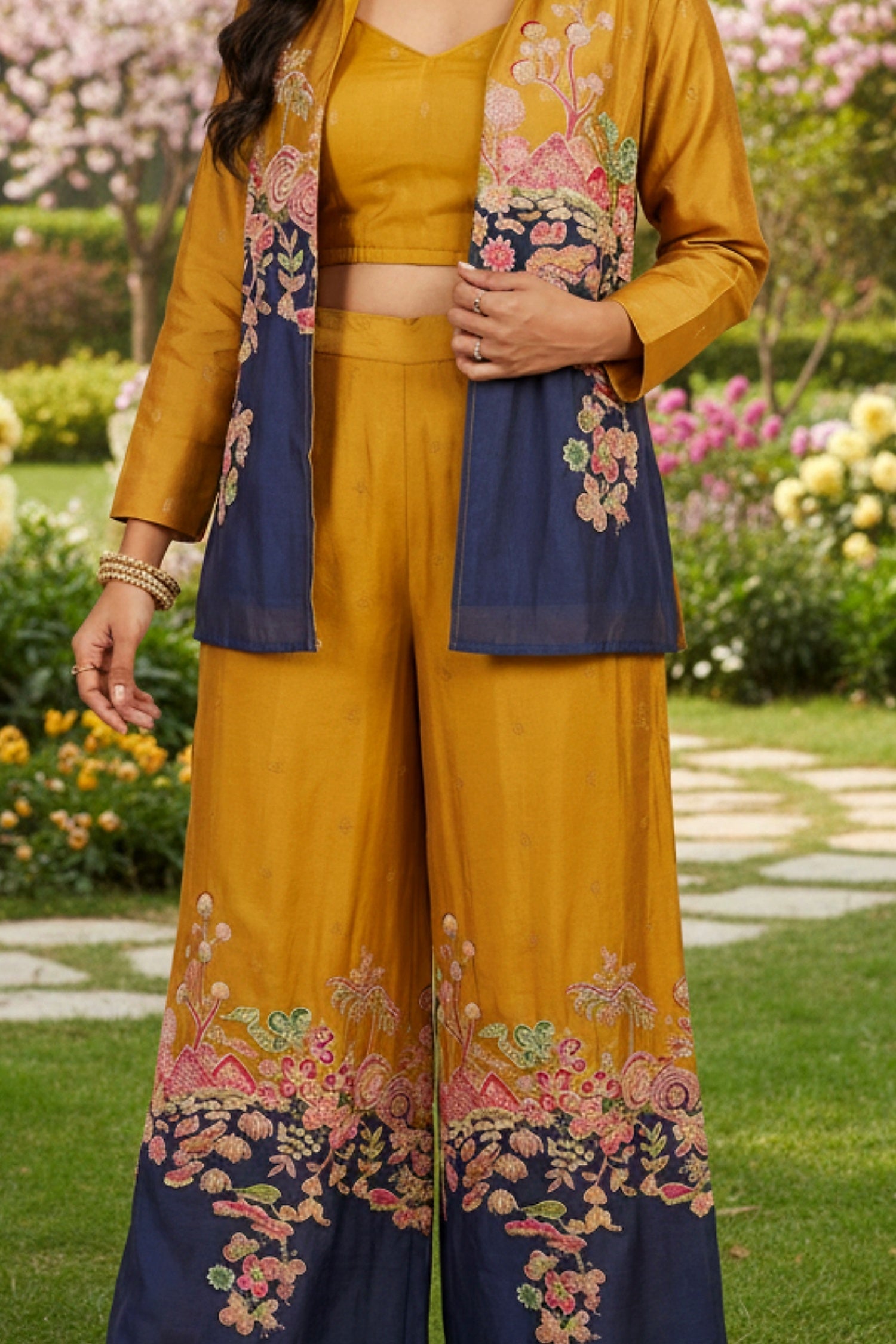 Yellow Embroidered Jacket Cord Set