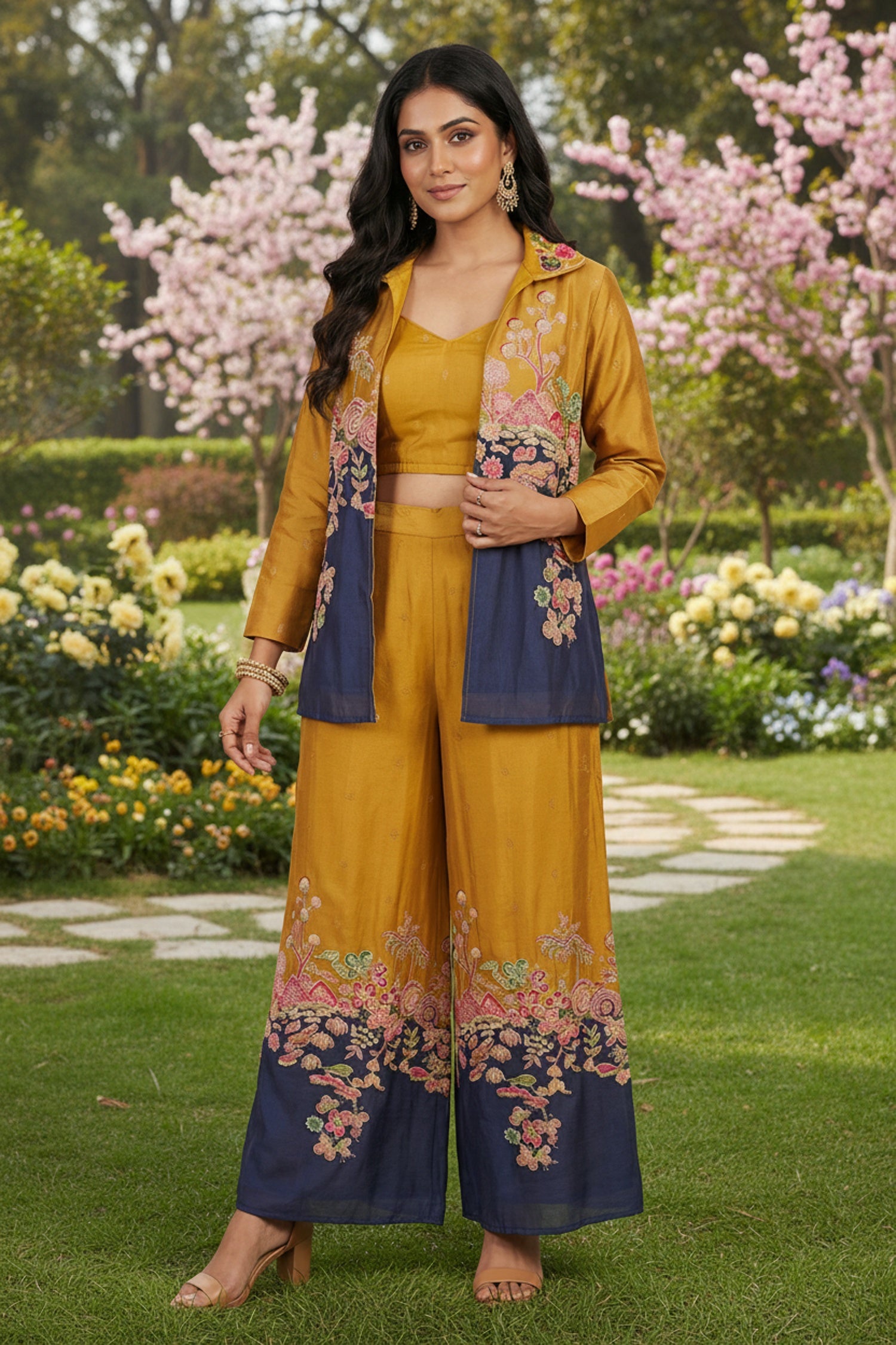 Yellow Embroidered Jacket Cord Set