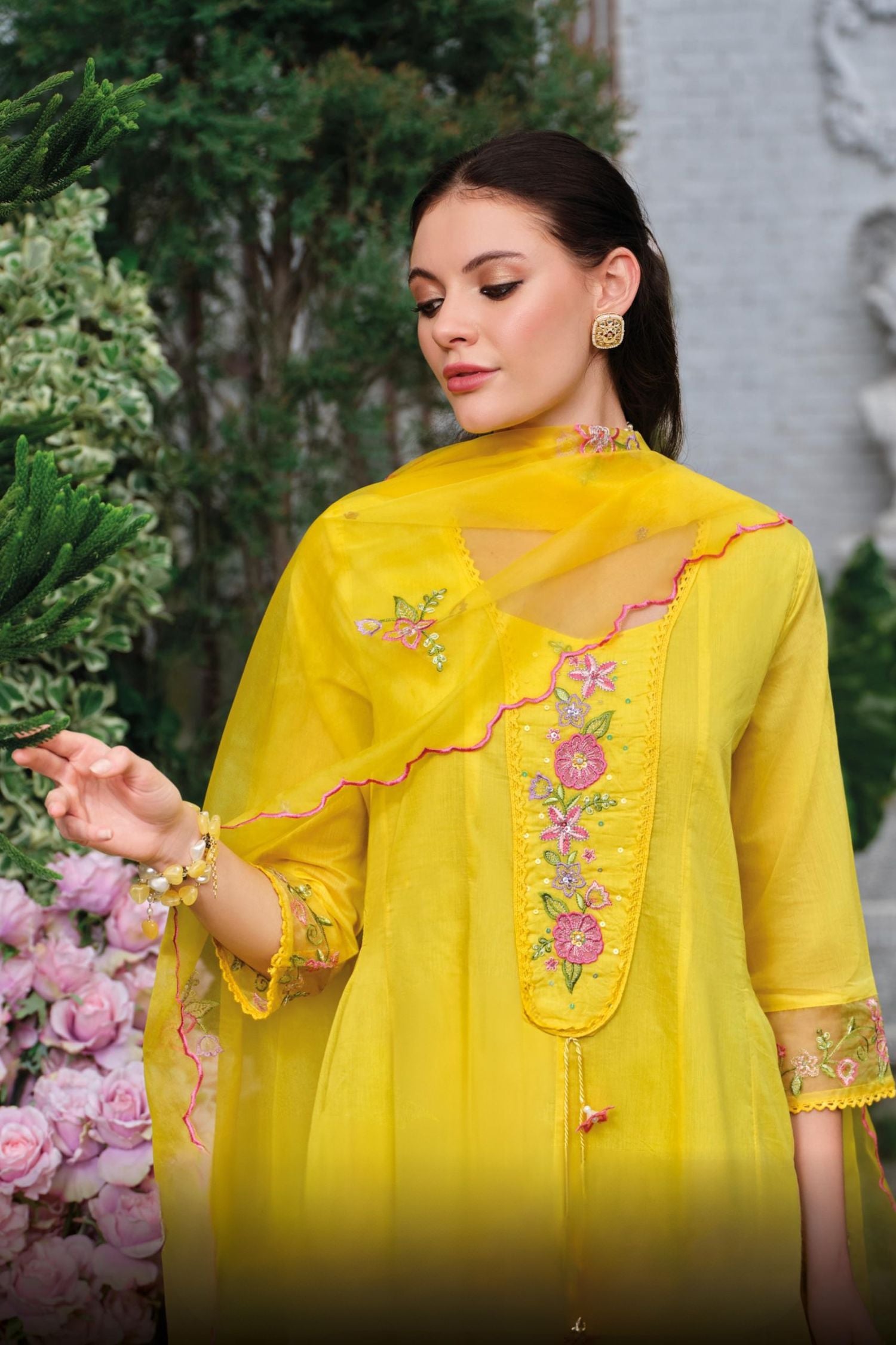 Yellow Mul Chanderi Kantha Work Floral Embroidered Suit Set