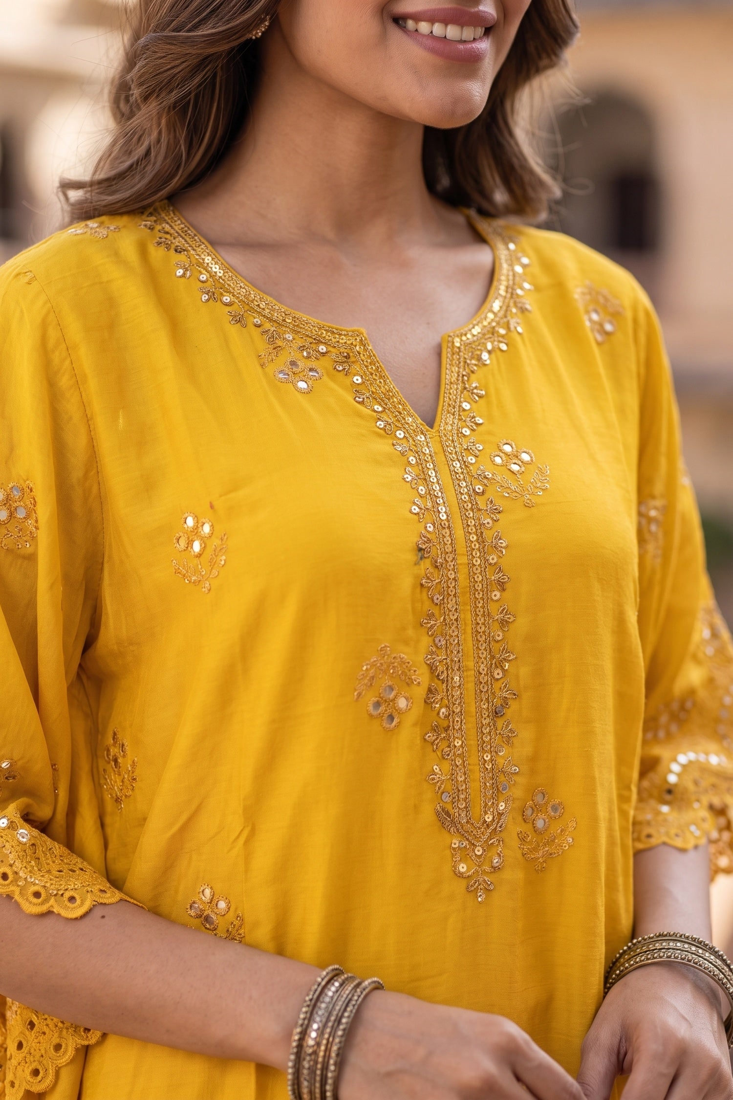 GOLD HAND EMBROIDERY MIRROR WORK YELLOW KAFTAN