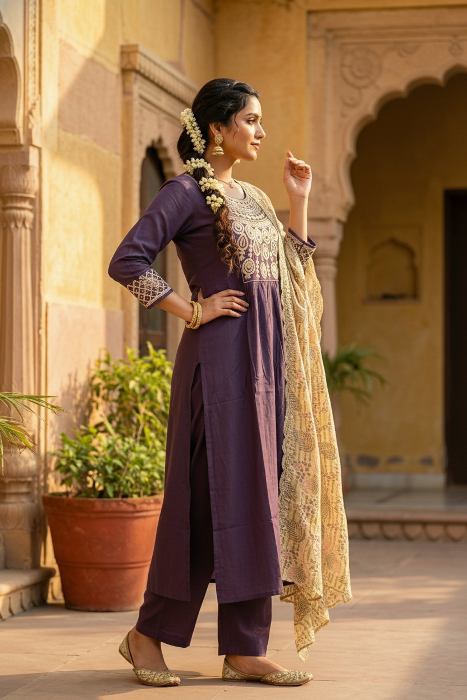 Lavender Embroidered Kurta Set with Tissue Dupatta