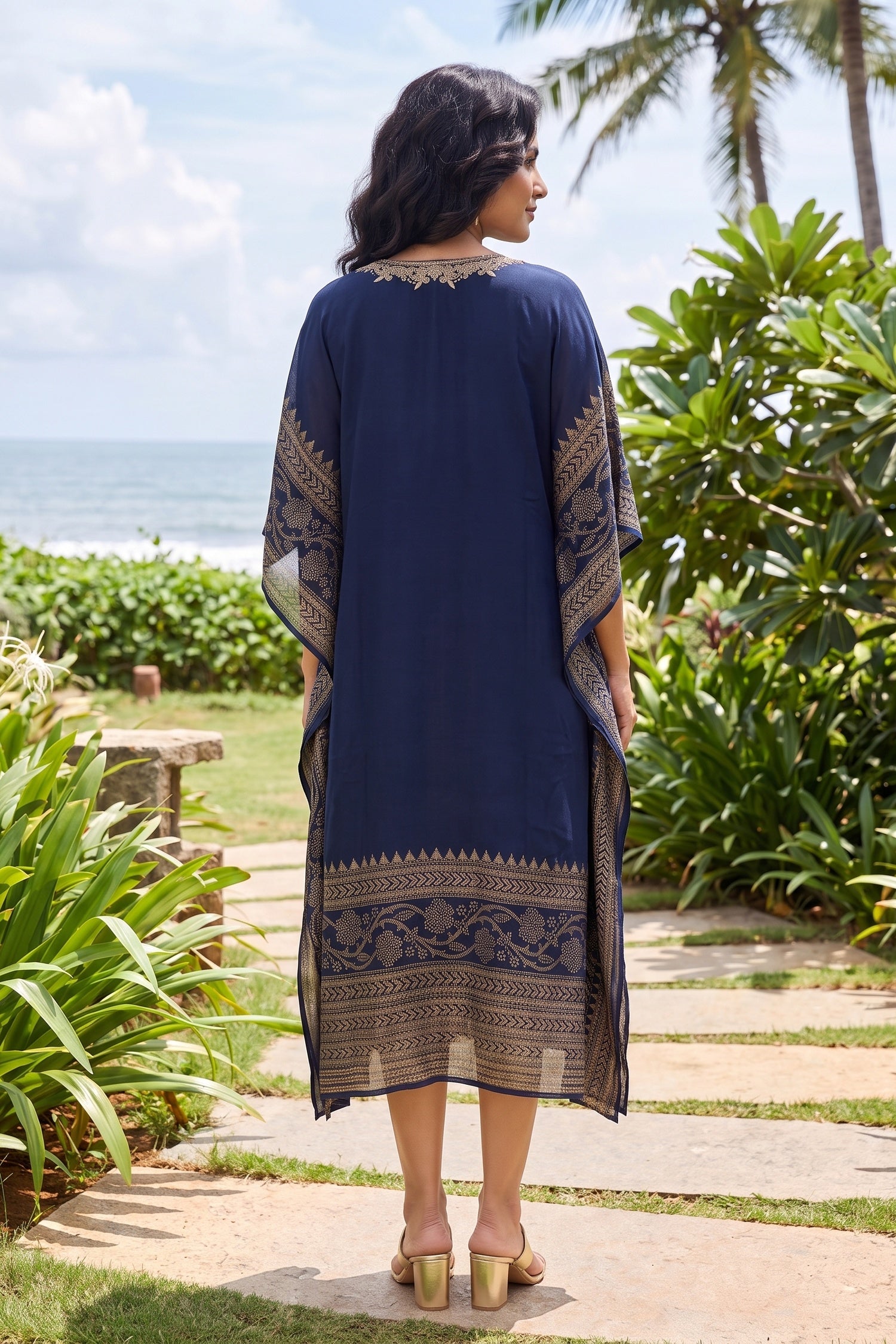 GOLD HAND EMBROIDERY DIGITALPRINT BORDER NAVY BLUE KAFTAN
