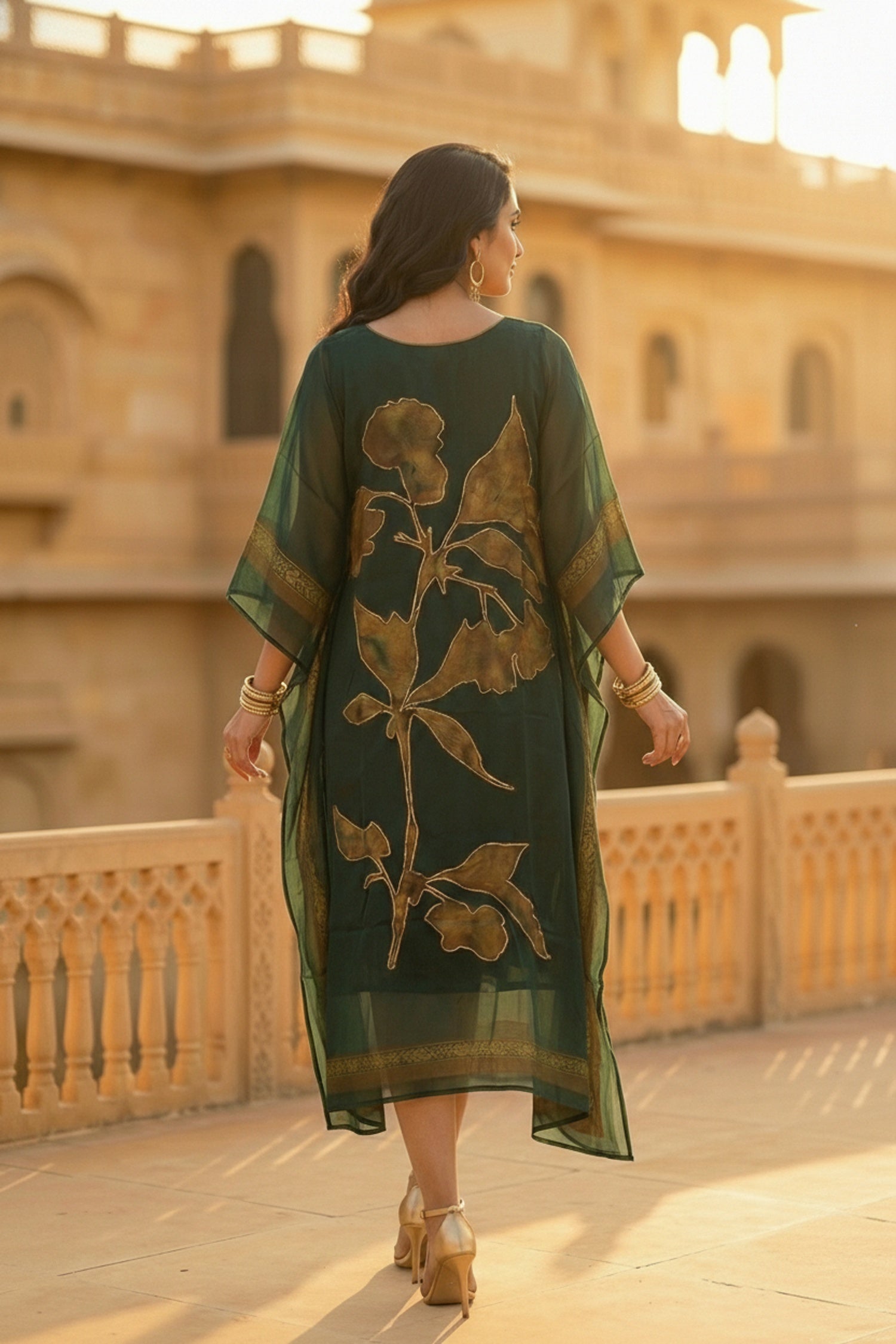 Bottle Green Embroidered Viscose Long Kaftan