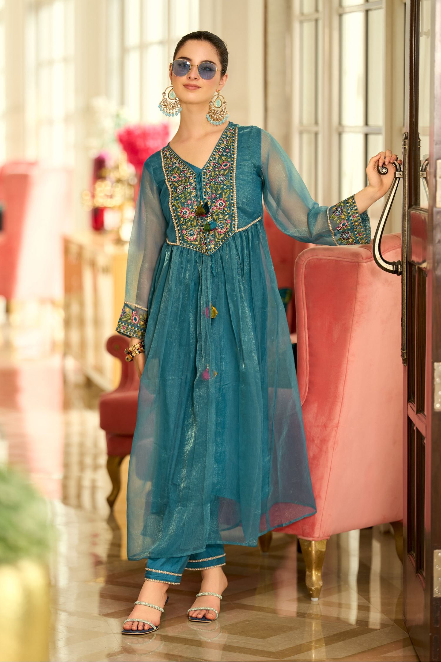 Signature Pure Organza Collection – Embroidered Perfection with Handcrafted Charm -Teal colour