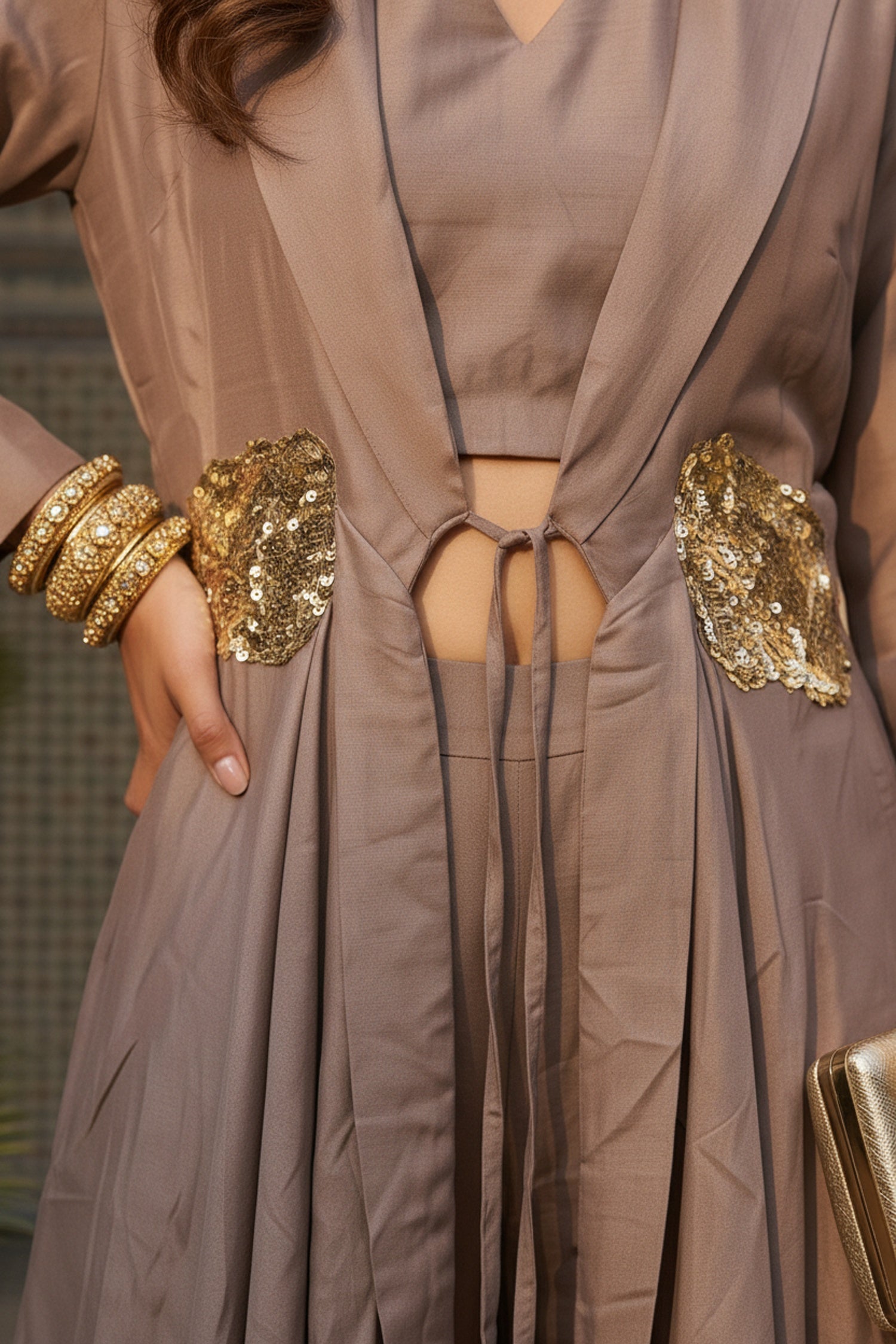 Taupe Brown Cordset for Women with Embellished Waist & Layered Jacket Design