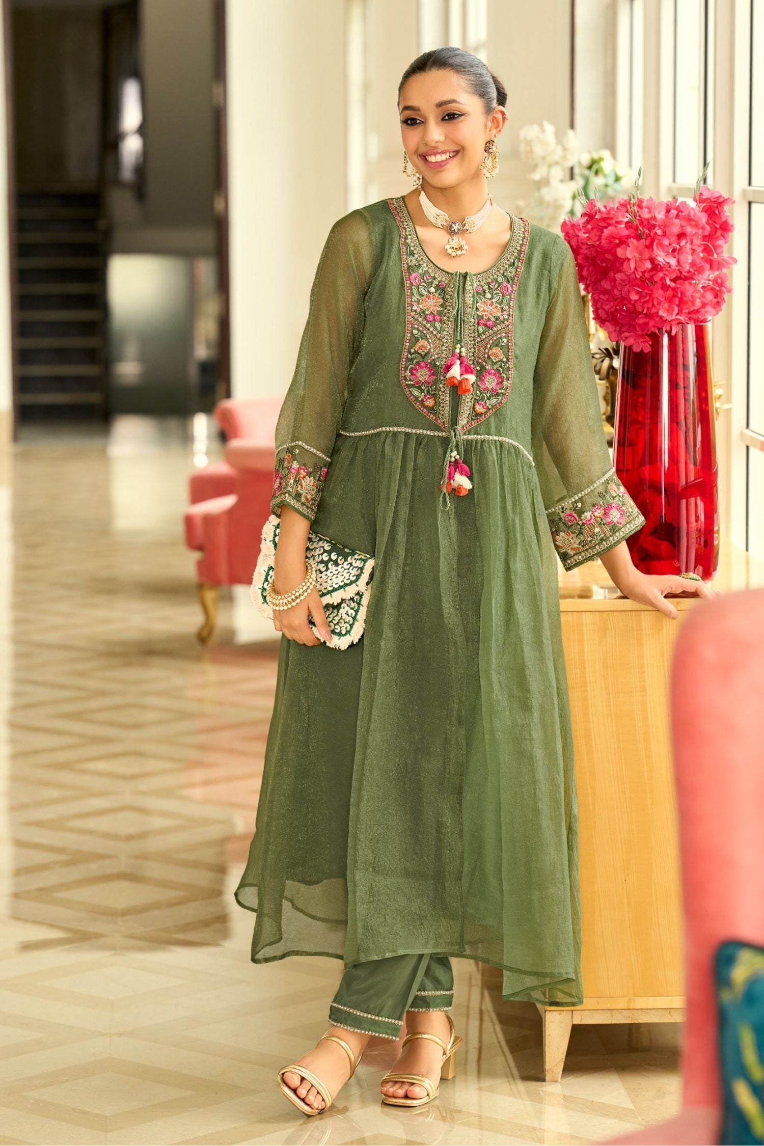 Signature Pure Organza Collection – Embroidered Perfection with Handcrafted Charm (Green)