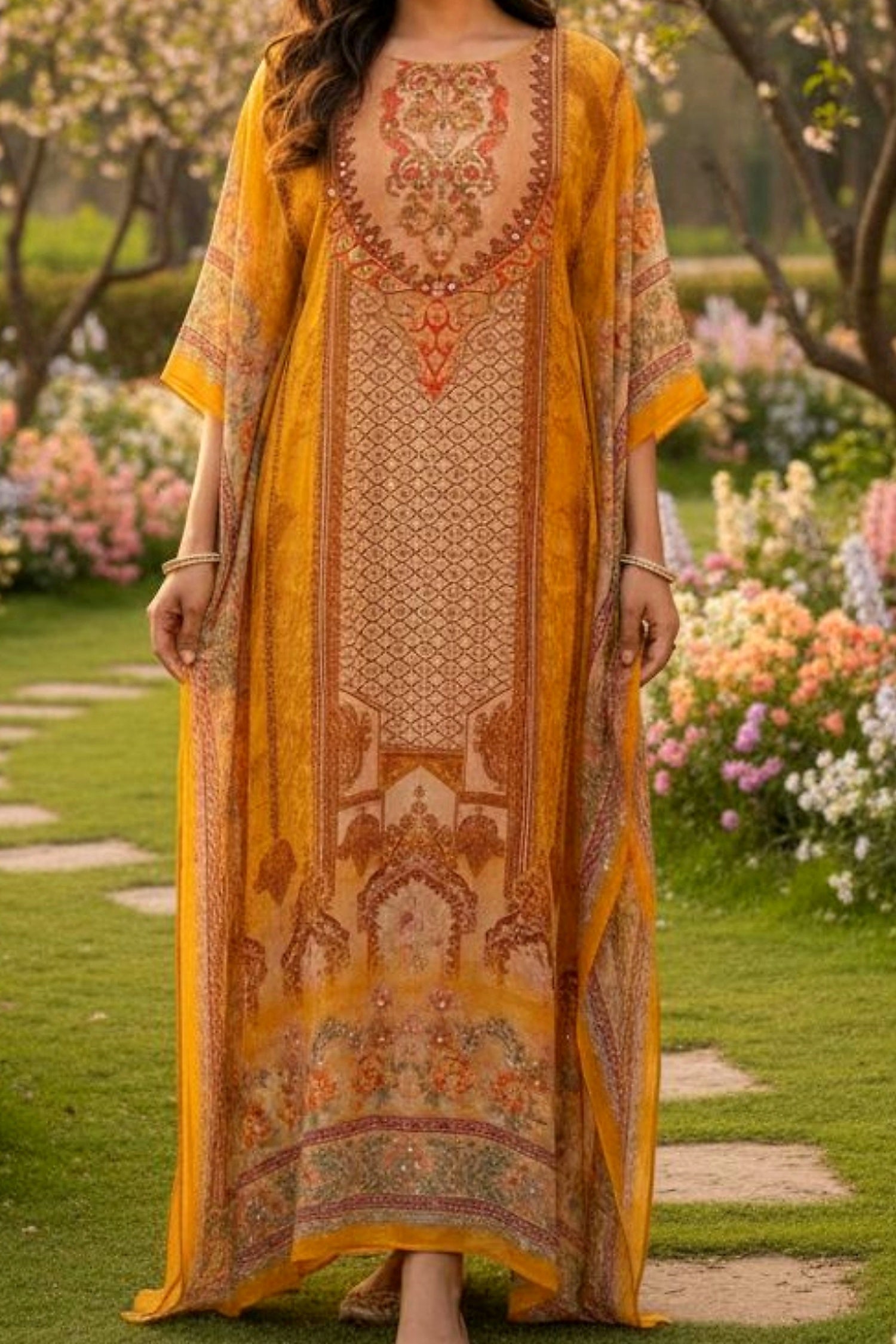 Golden Grace Long Printed Kaftan