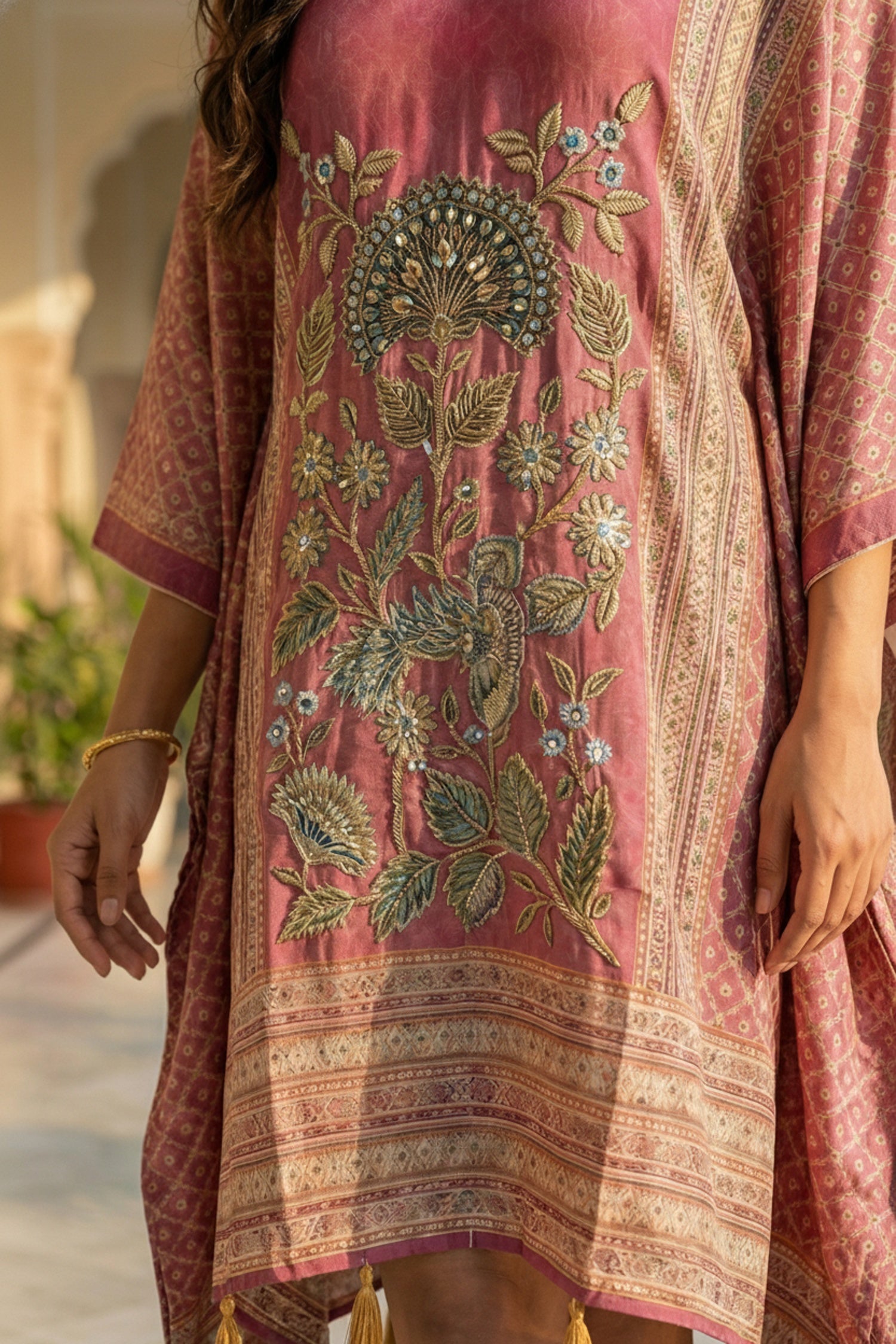 Burgundy Printed Viscose Short Kaftan