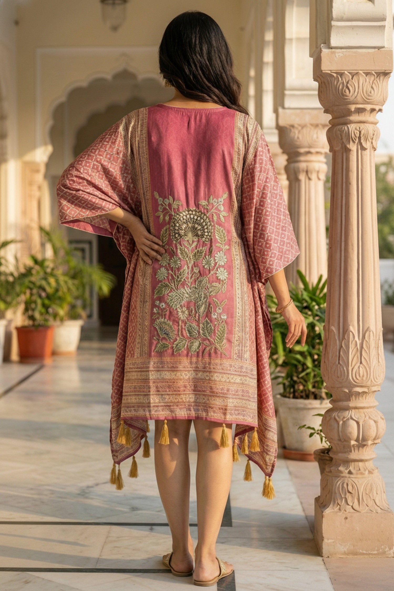 Burgundy Printed Viscose Short Kaftan