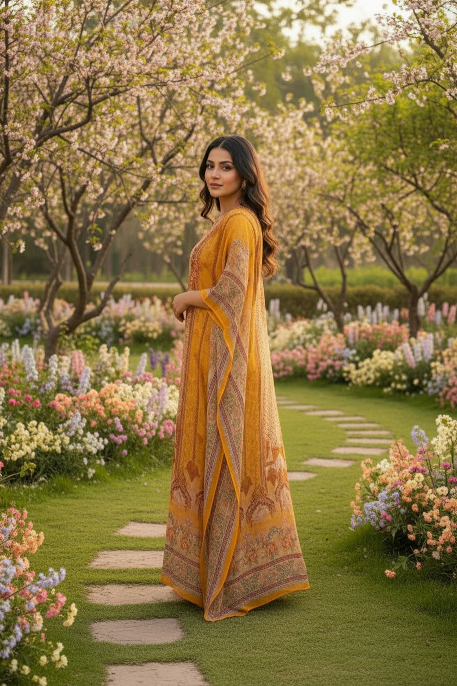 Golden Grace Long Printed Kaftan