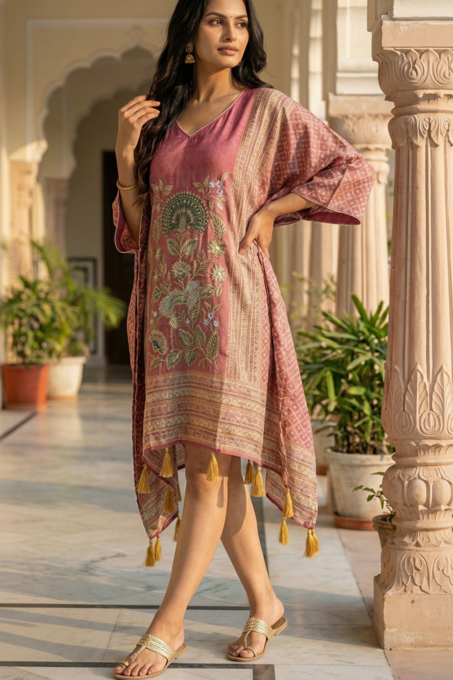 Burgundy Printed Viscose Short Kaftan