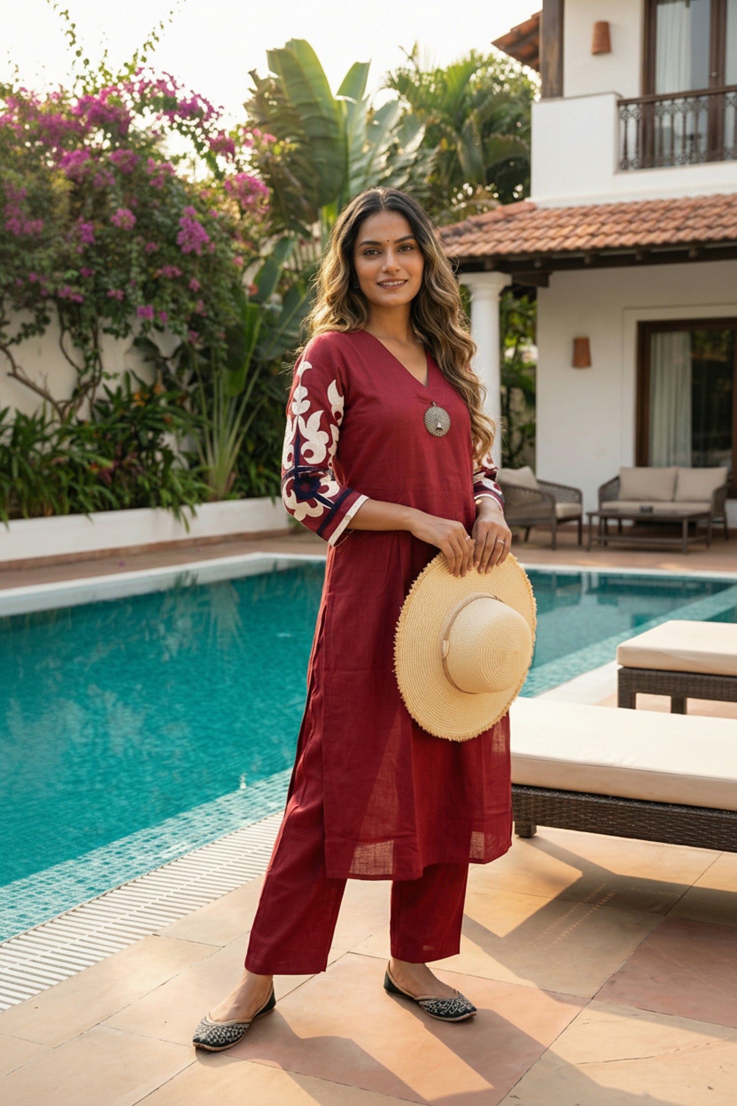 Red Cotton Straight-Cut Co-ord