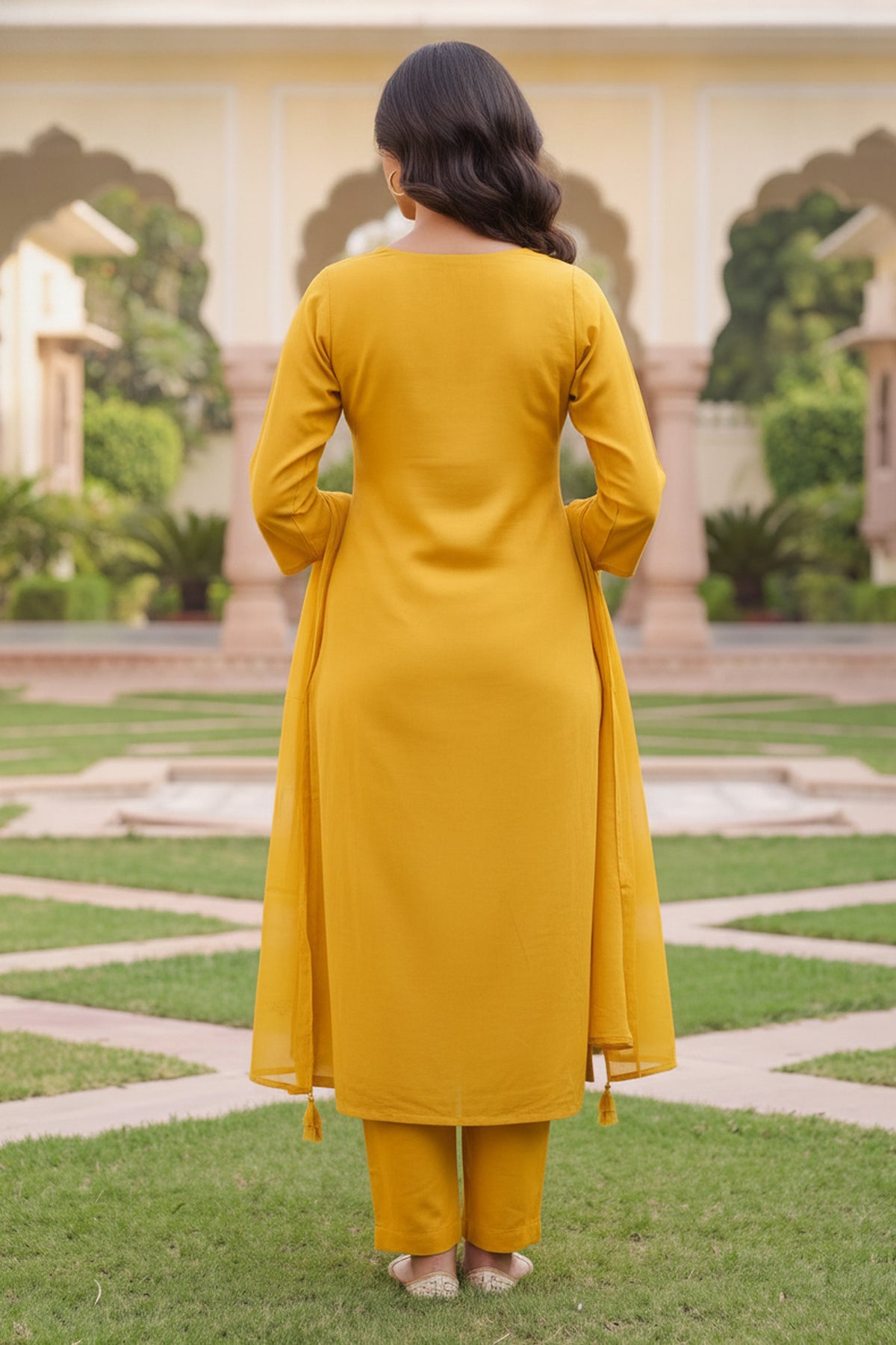Mustard Yellow Floral Embroidered Suit Set