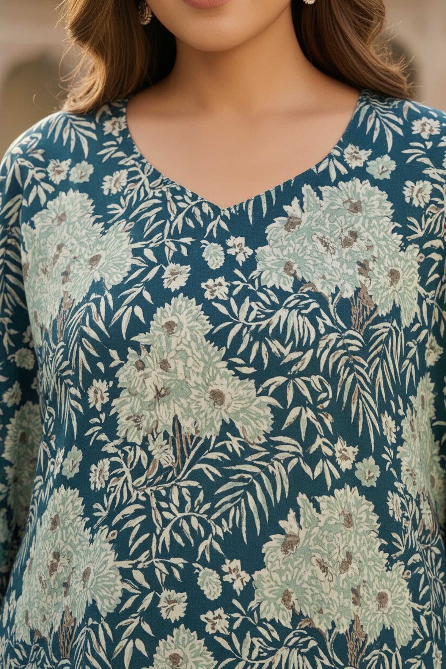 Blue Printed Viscose Short Kaftan